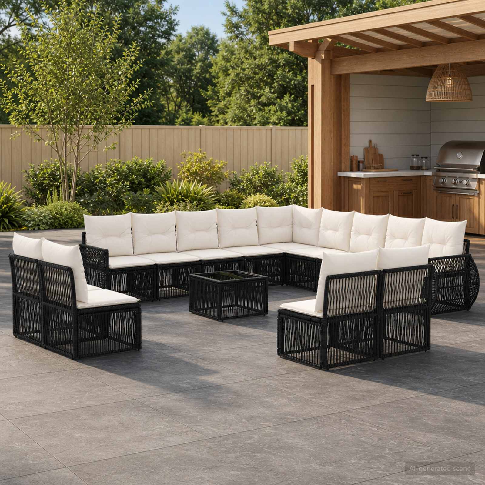 Tuinbankenset 14 pcs Zwart en Cream Wit poly rattan – afbeelding 1