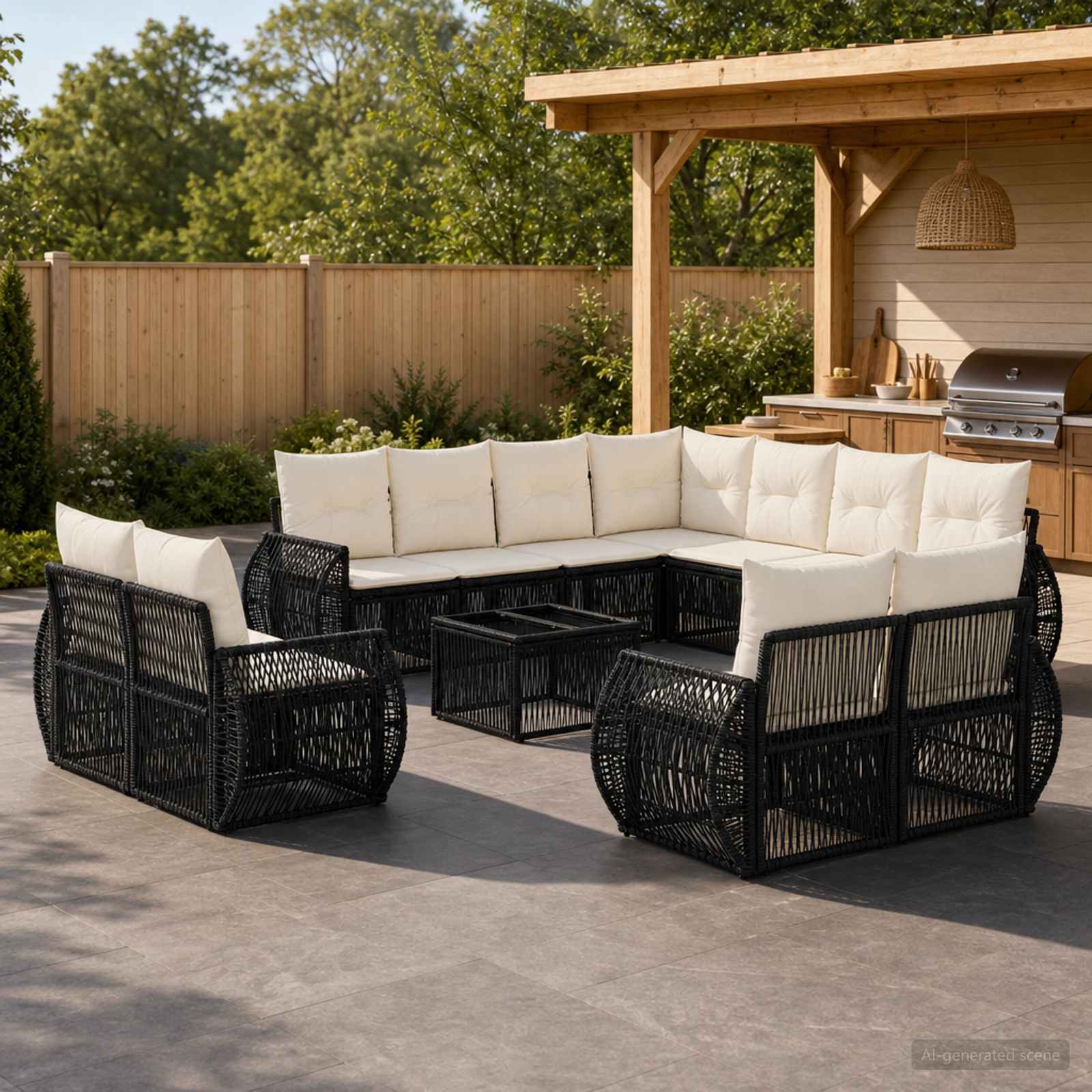 Tuinbankenset 12 pcs Zwart en Cream Wit poly rattan – afbeelding 1
