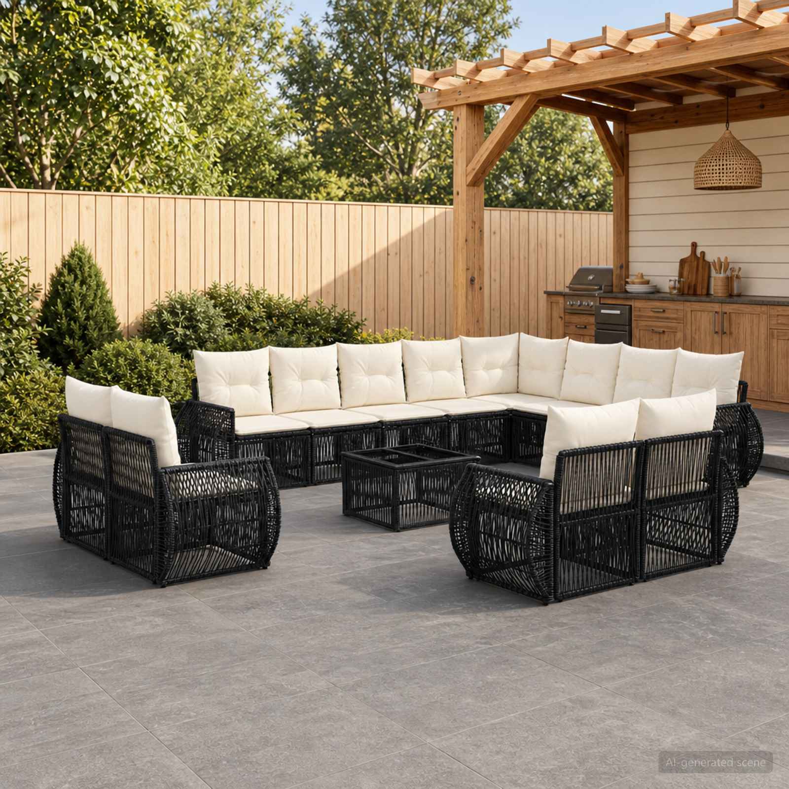 Tuinbankenset 13 pcs Zwart en Cream Wit poly rattan – afbeelding 1