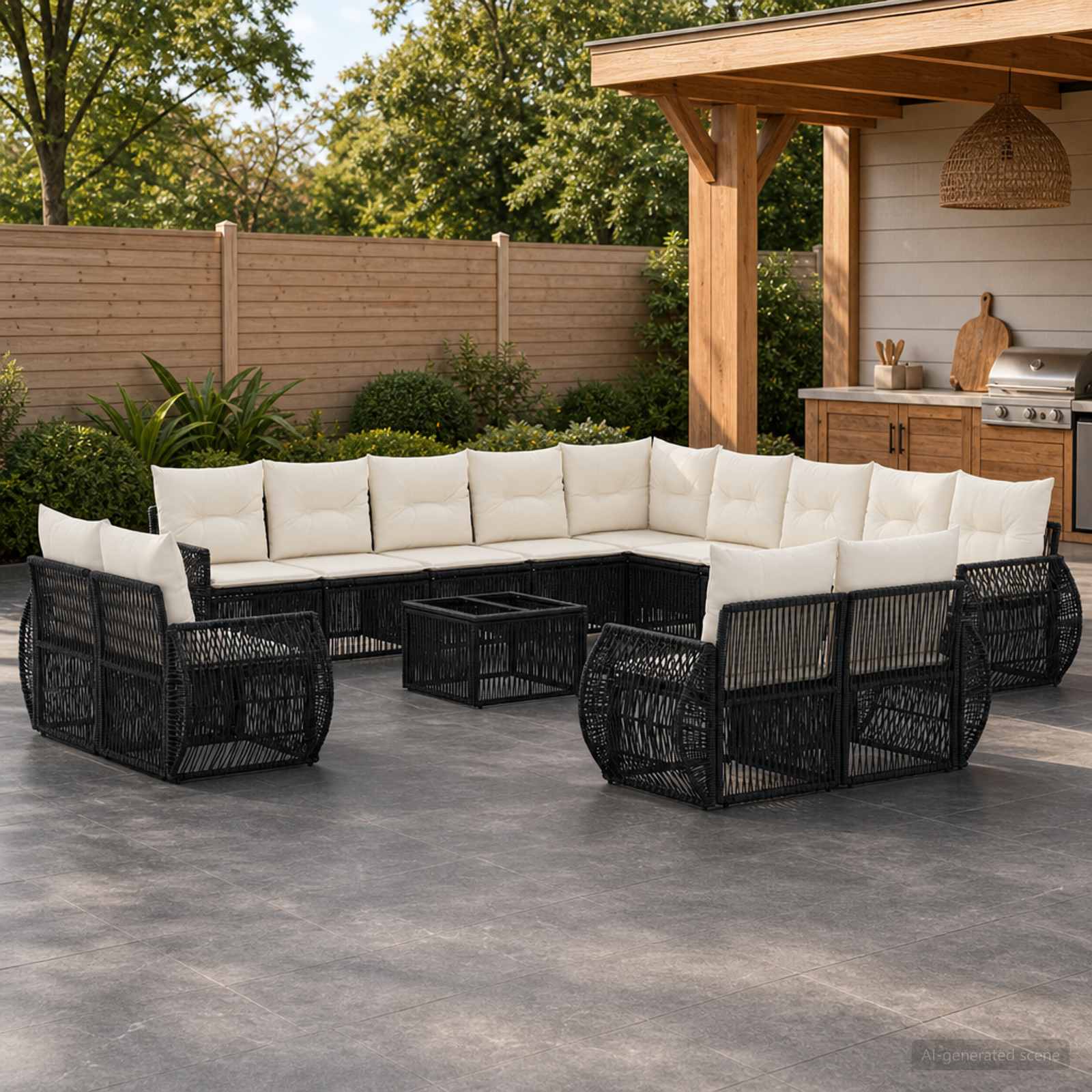 Tuinbankenset 14 pcs Zwart en Cream Wit poly rattan – afbeelding 1