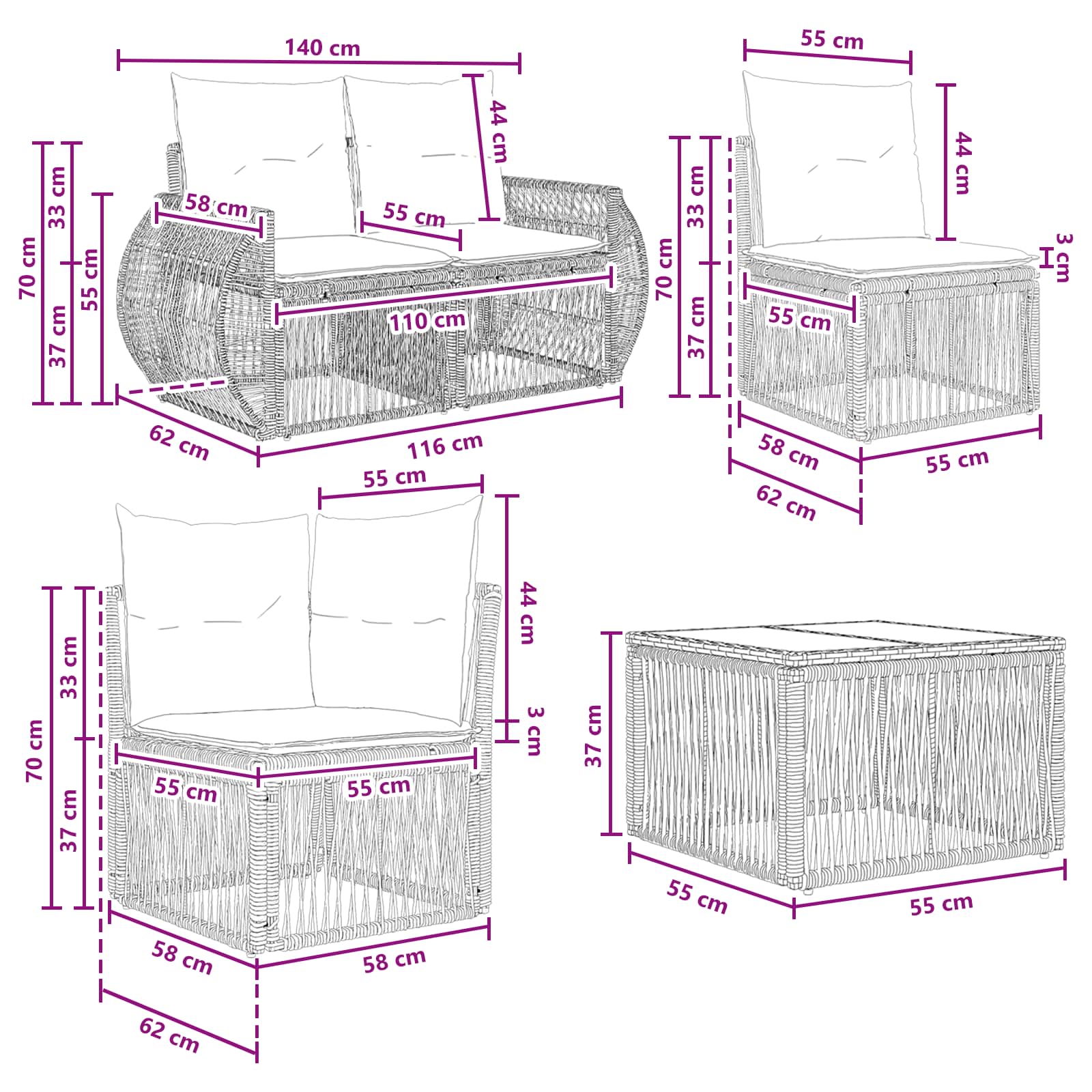 Tuinbankenset 14 pcs Grijs en Donkergrijs poly rattan – afbeelding 11