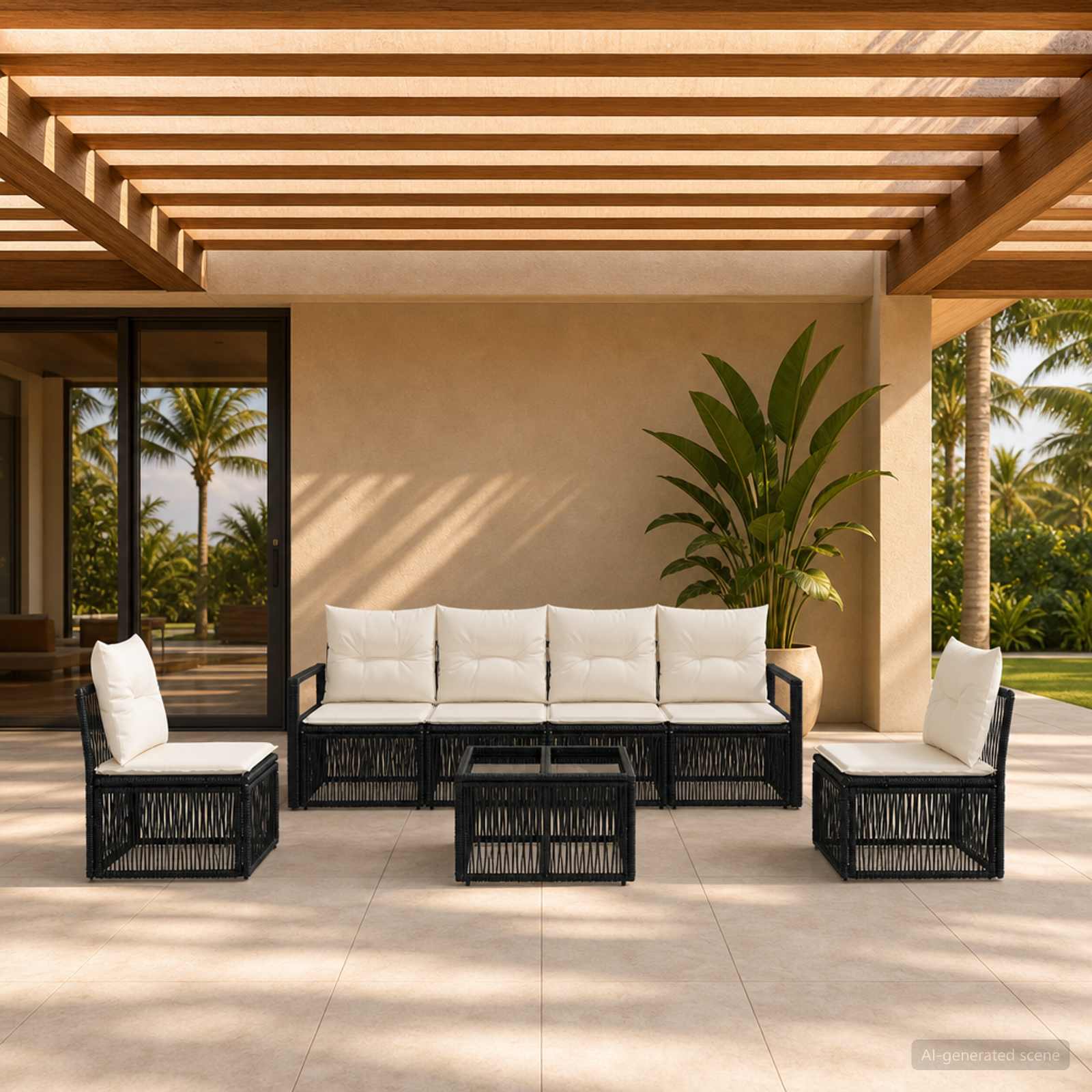 Tuinbankenset 7 pcs Zwart poly rattan – afbeelding 1