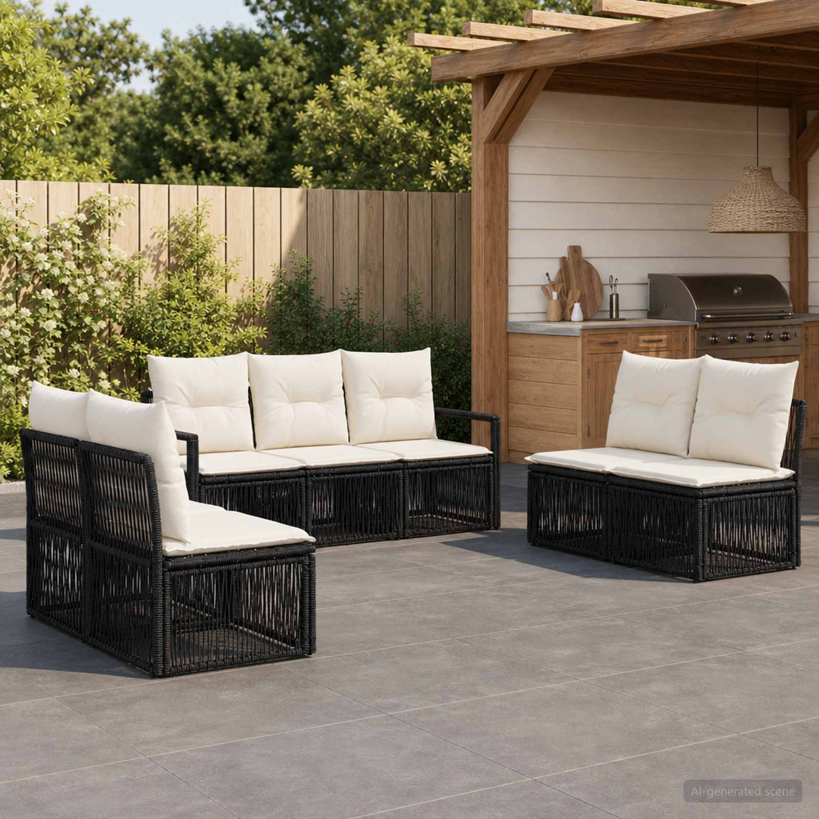 Tuinbankenset 7 pcs Zwart poly rattan – afbeelding 1