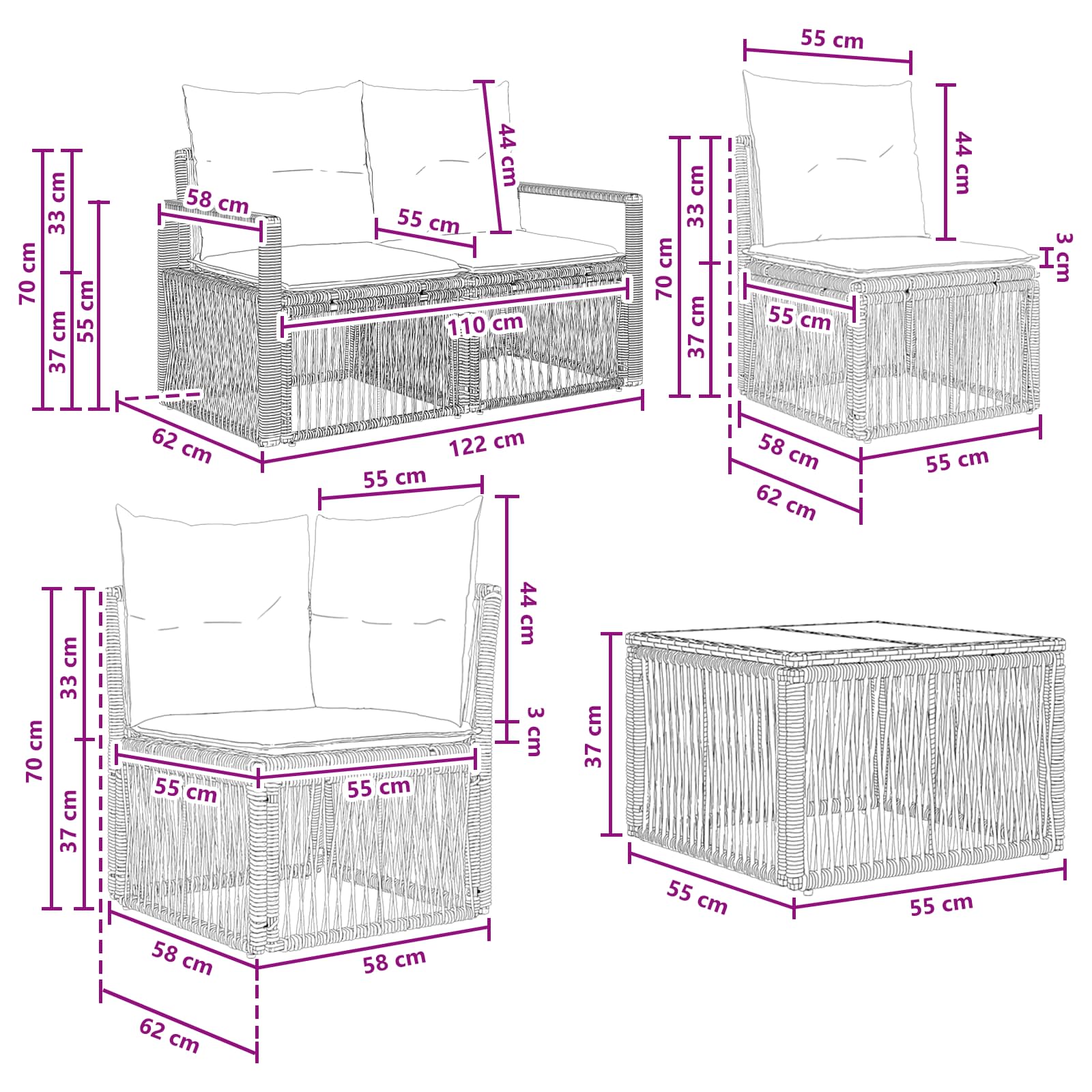 Tuinbankenset 5 pcs Grijs poly rattan – afbeelding 10