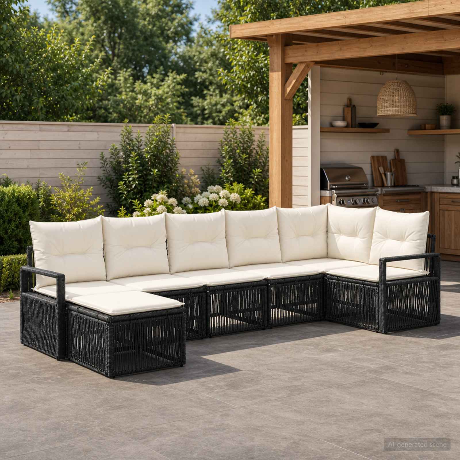 Tuinbankenset 7 pcs Zwart poly rattan – afbeelding 1