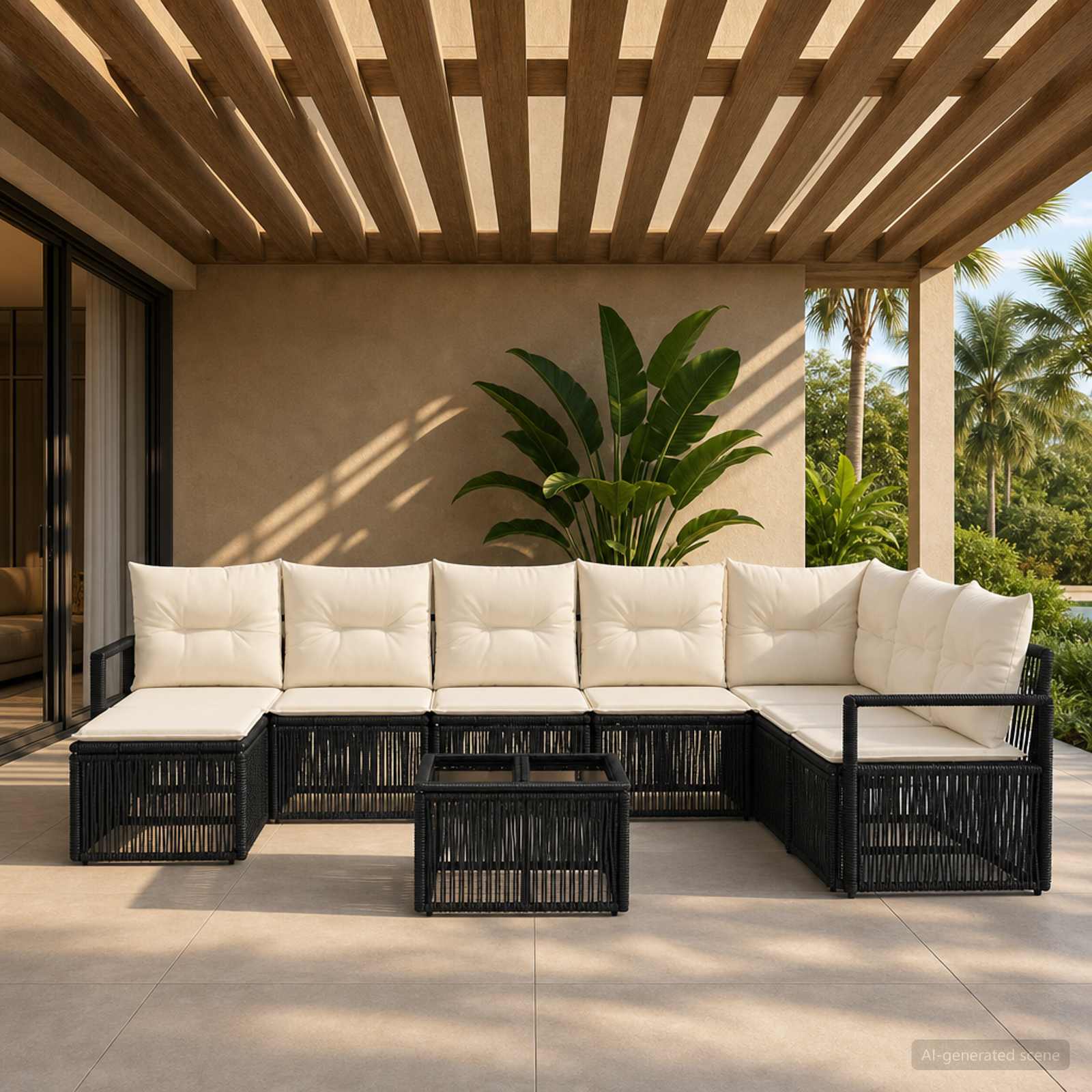 Tuinbankenset 9 pcs Zwart poly rattan – afbeelding 1