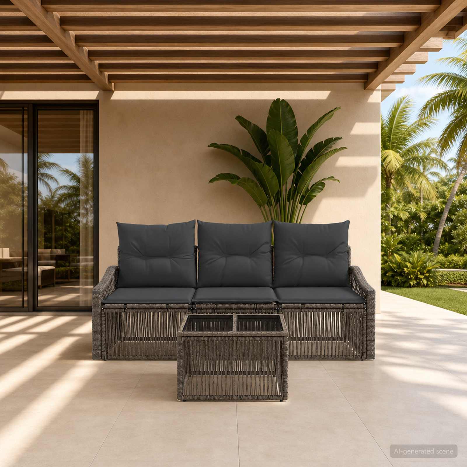 Tuinbankenset 4 pcs Grijs poly rattan – afbeelding 1