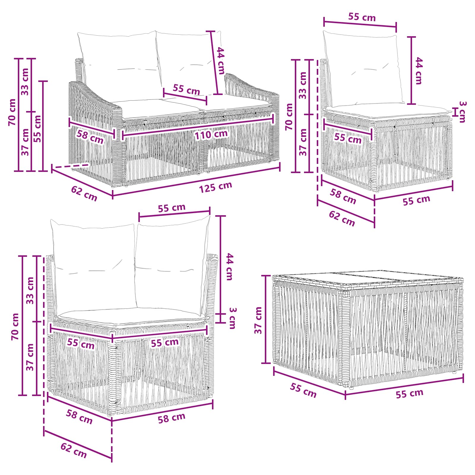 Tuinbankenset 12 pcs Grijs poly rattan – afbeelding 10