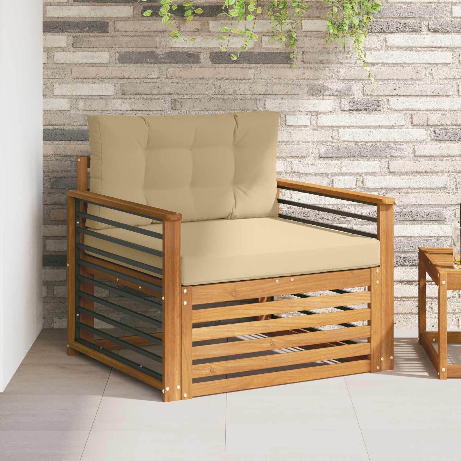Tuinbank Massief Acaciahout en Polyester Natuurlijk en Beige – afbeelding 1