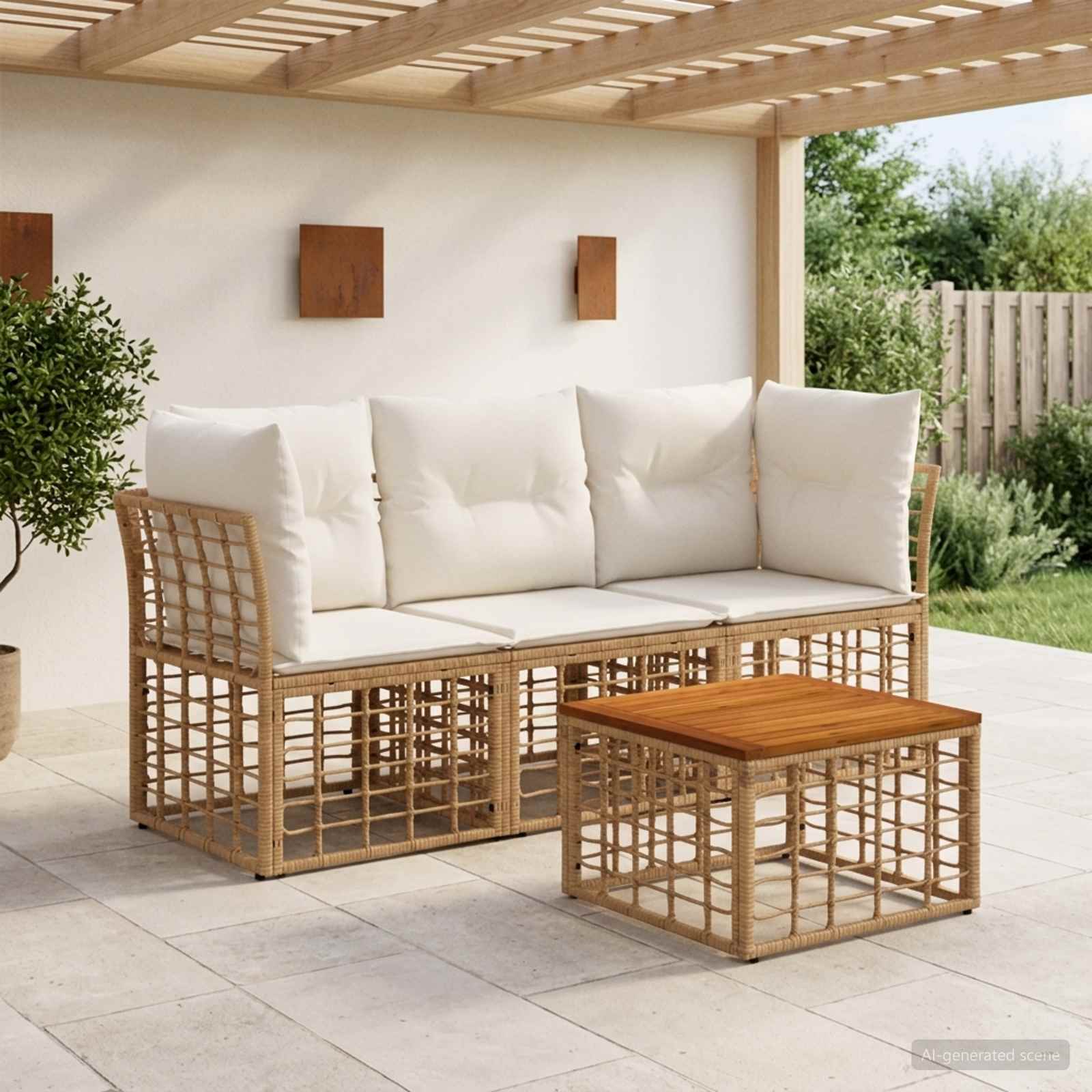 Buiten bankenset 4 pcs Natuurlijk en Crème Wit Polyester – afbeelding 1