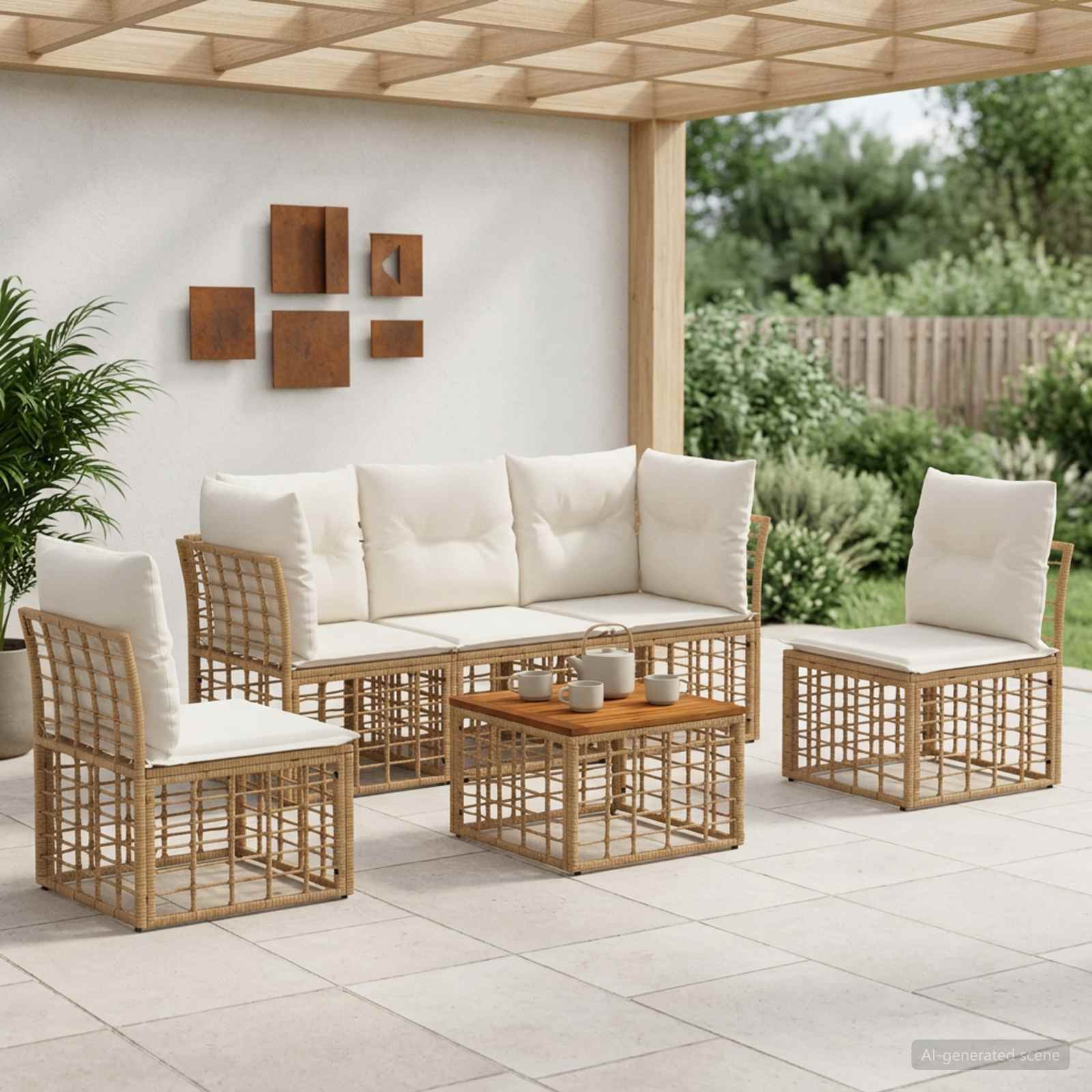 Buiten bankenset 6 pcs Natuurlijk en Crème Wit Polyester – afbeelding 1