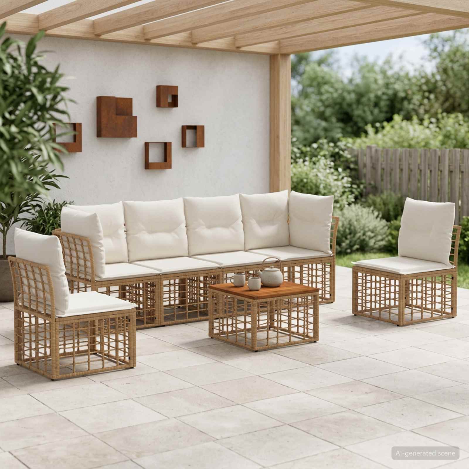 Buiten bankenset 7 pcs Natuurlijk en Crème Wit Polyester – afbeelding 1