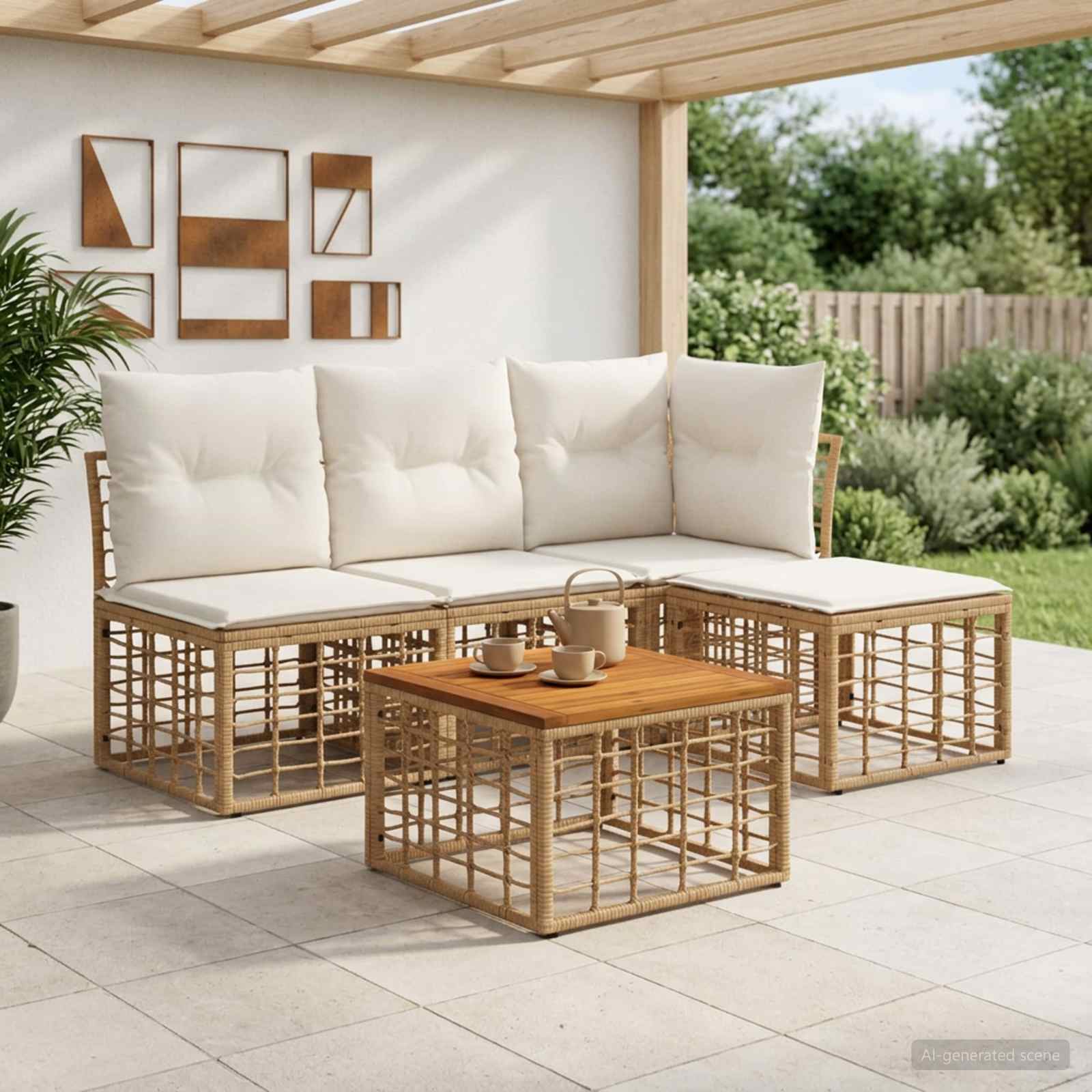 Buiten bankenset 5 pcs Natuurlijk en Crème Wit Polyester – afbeelding 1