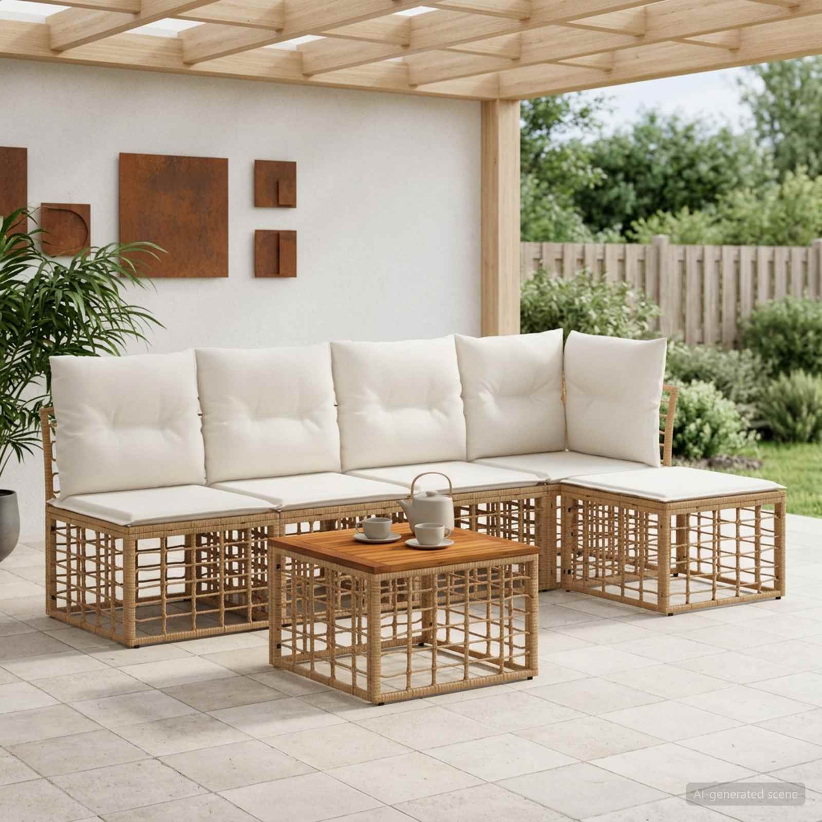 Buiten bankenset 6 pcs Natuurlijk en Crème Wit Polyester – afbeelding 1