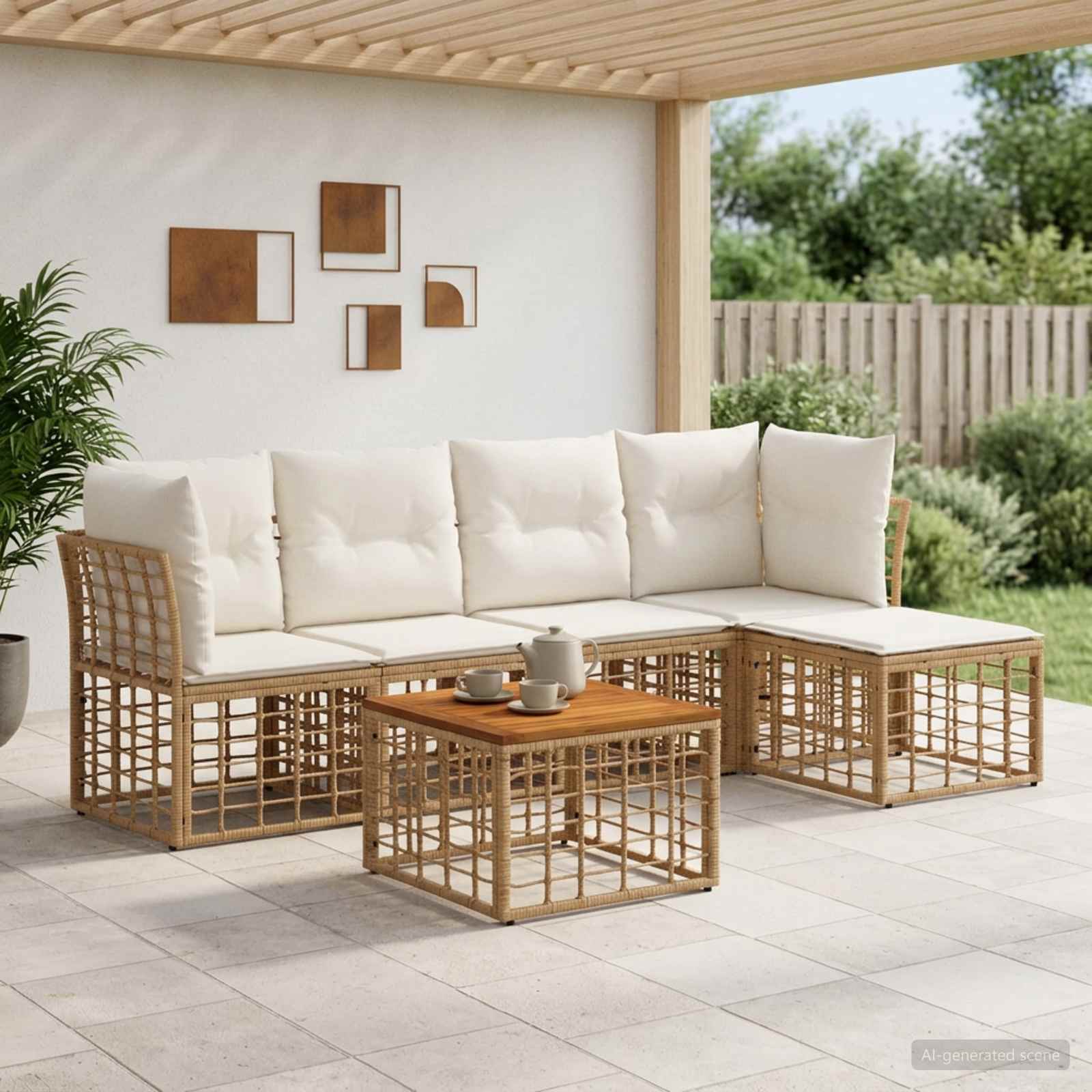 Buiten bankenset 6 pcs Natuurlijk en Crème Wit Polyester – afbeelding 1