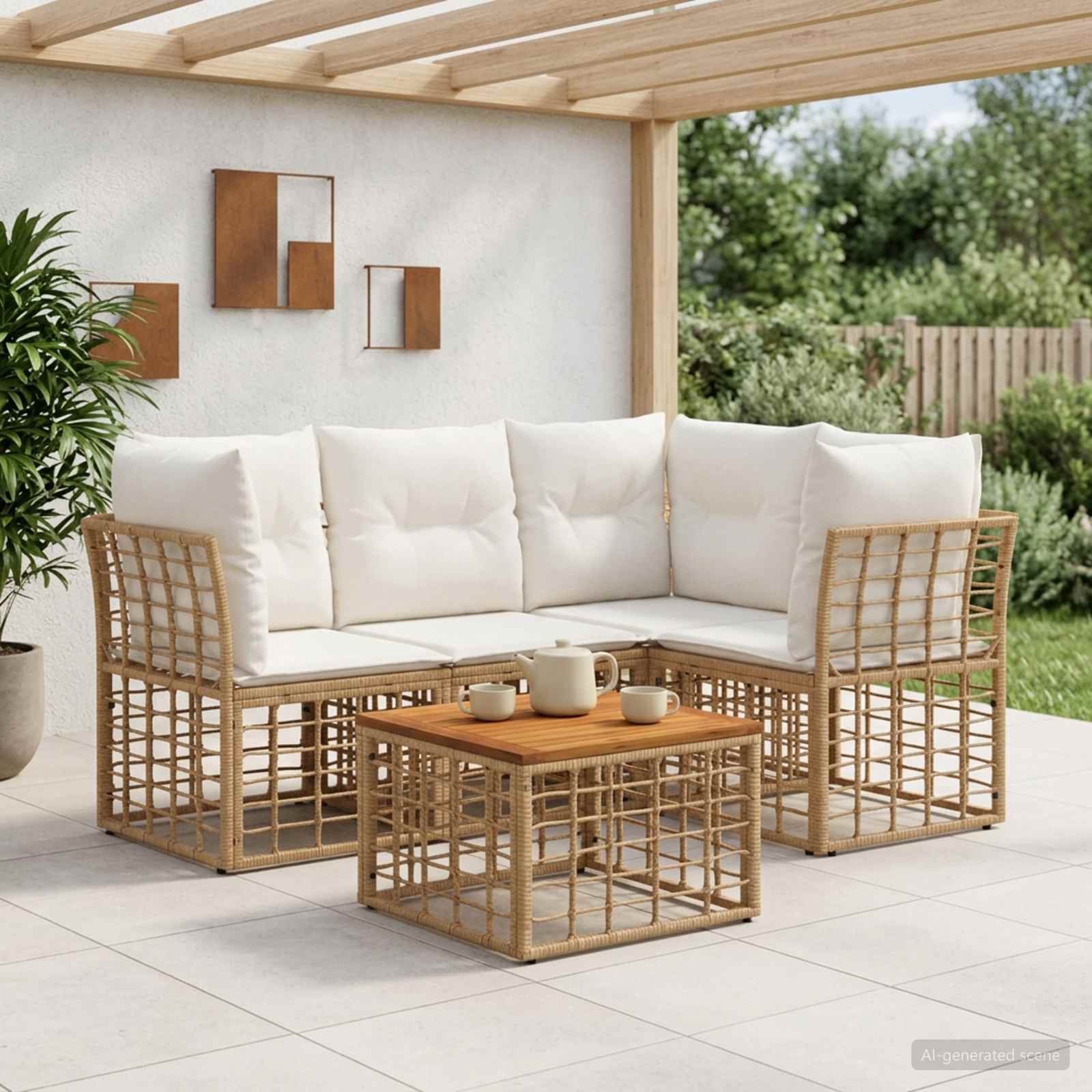 Buiten bankenset 5 pcs Natuurlijk en Crème Wit Polyester – afbeelding 1