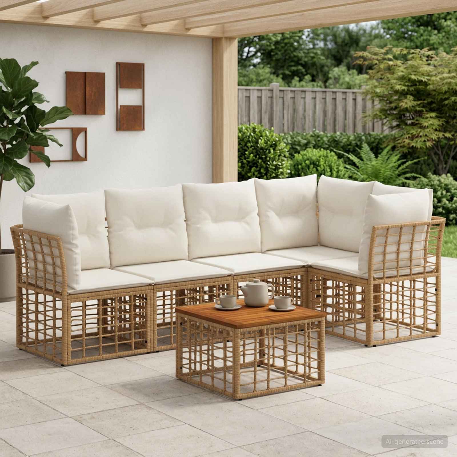 Buiten bankenset 6 pcs Natuurlijk en Crème Wit Polyester – afbeelding 1