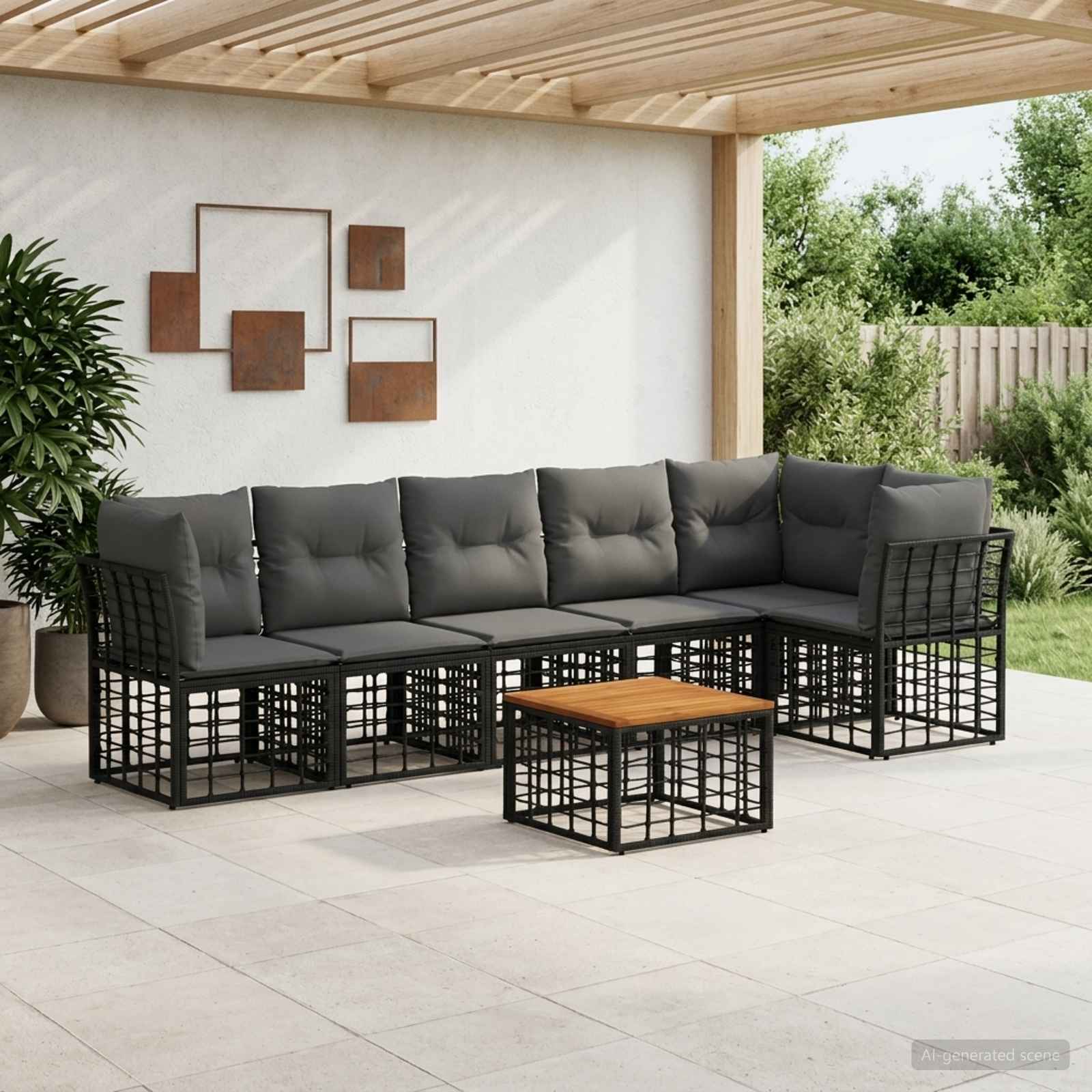 Tuinbankenset 7 pcs Zwart en Donkergrijs poly rattan