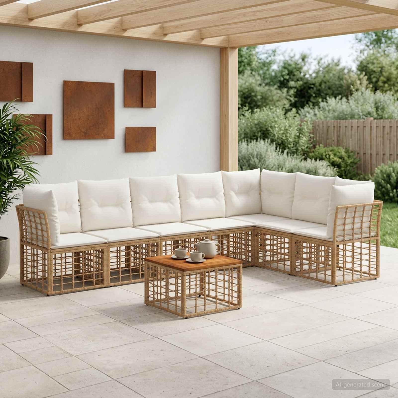 Buiten bankenset 8 pcs Natuurlijk en Crème Wit Polyester – afbeelding 1