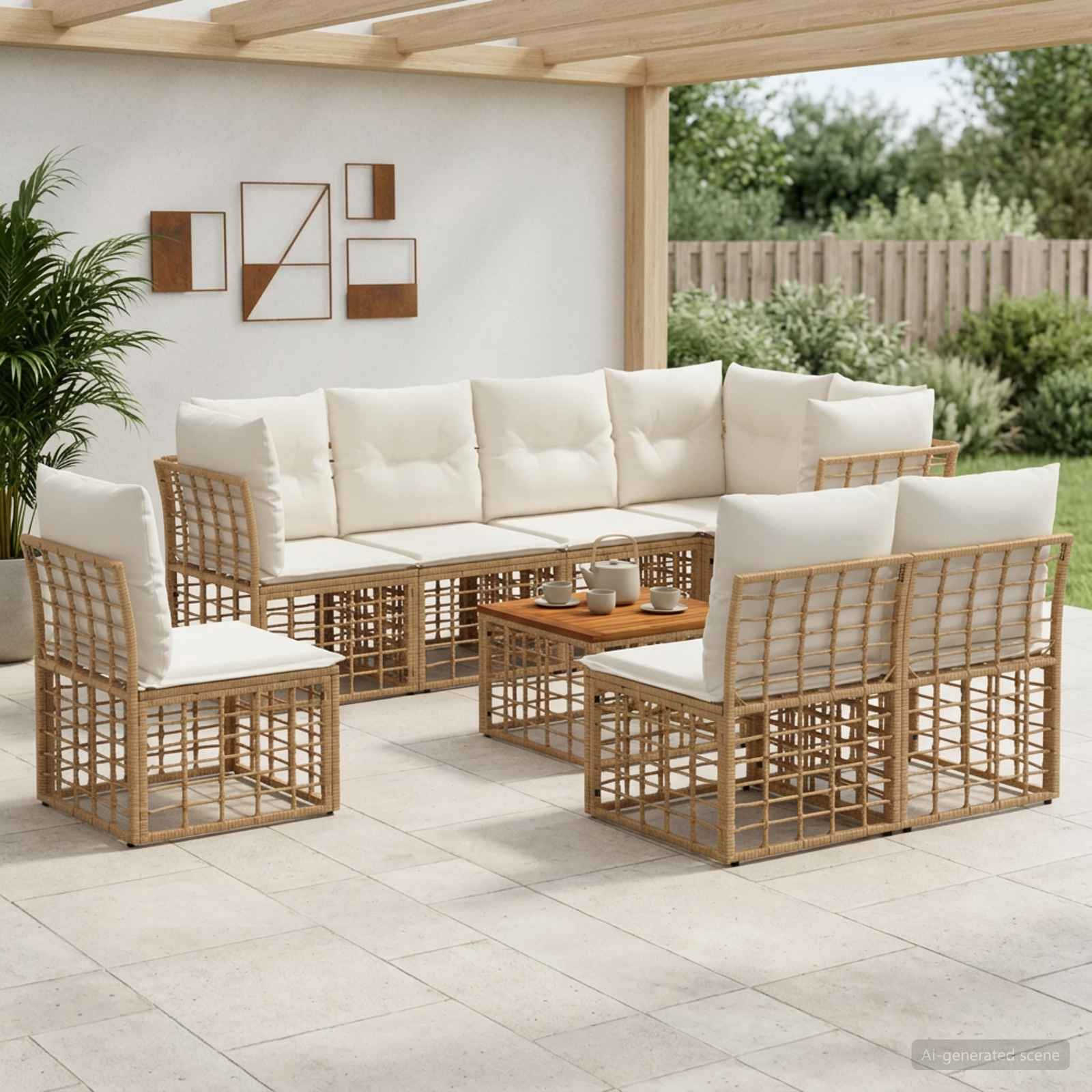 Buiten bankenset 9 pcs Natuurlijk en Crème Wit Polyester – afbeelding 1