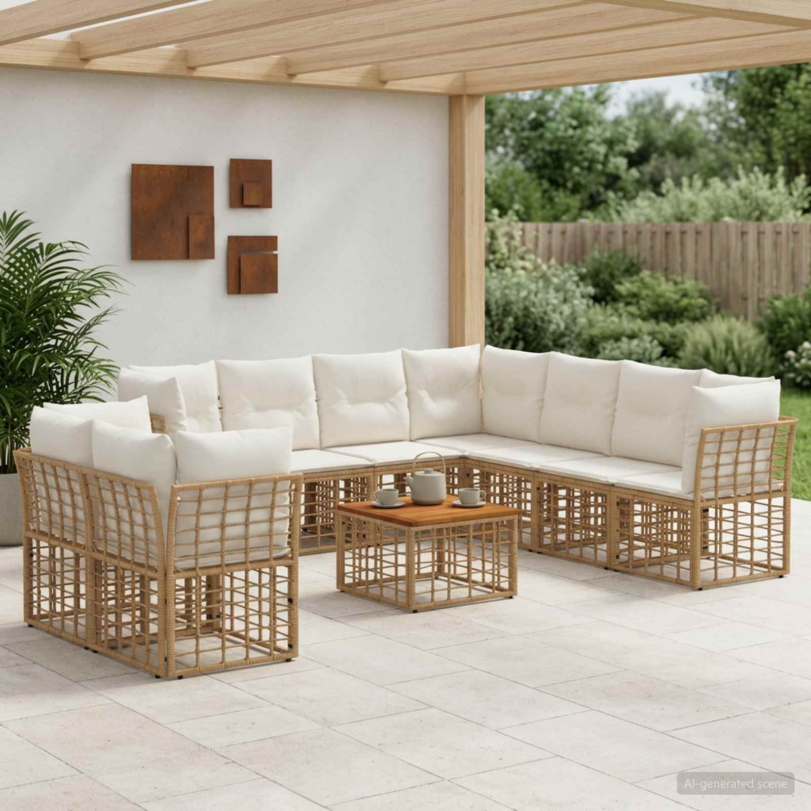 Buiten bankenset 10 pcs Natuurlijk en Crème Wit Polyester – afbeelding 1