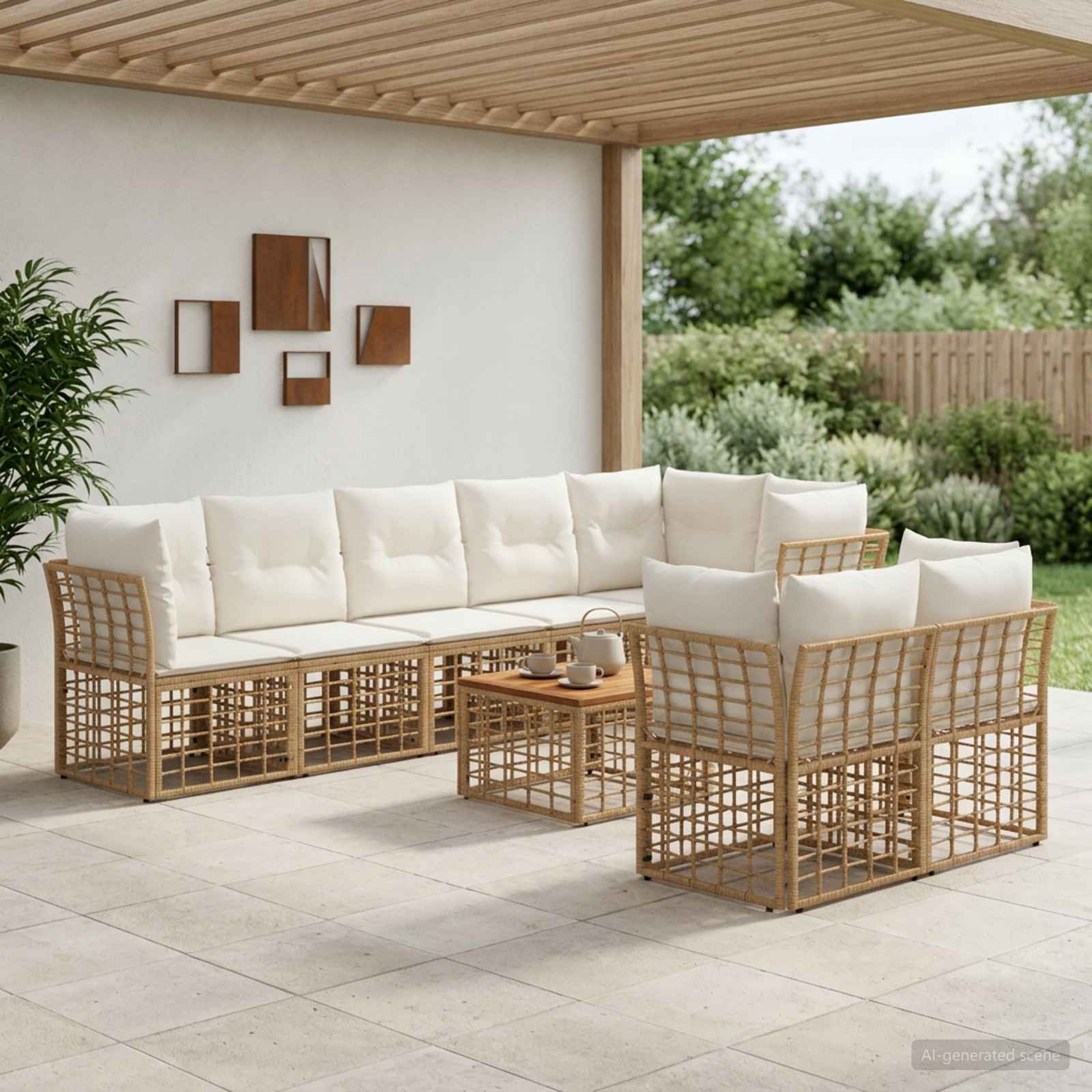 Buiten bankenset 9 pcs Natuurlijk en Crème Wit Polyester – afbeelding 1
