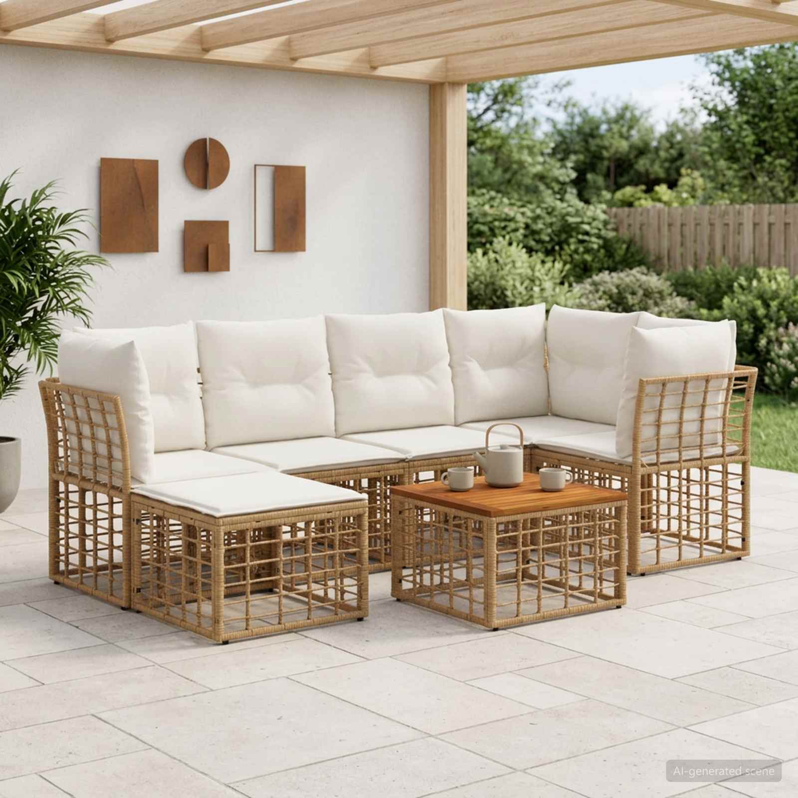 Buiten bankenset 7 pcs Natuurlijk en Crème Wit Polyester – afbeelding 1