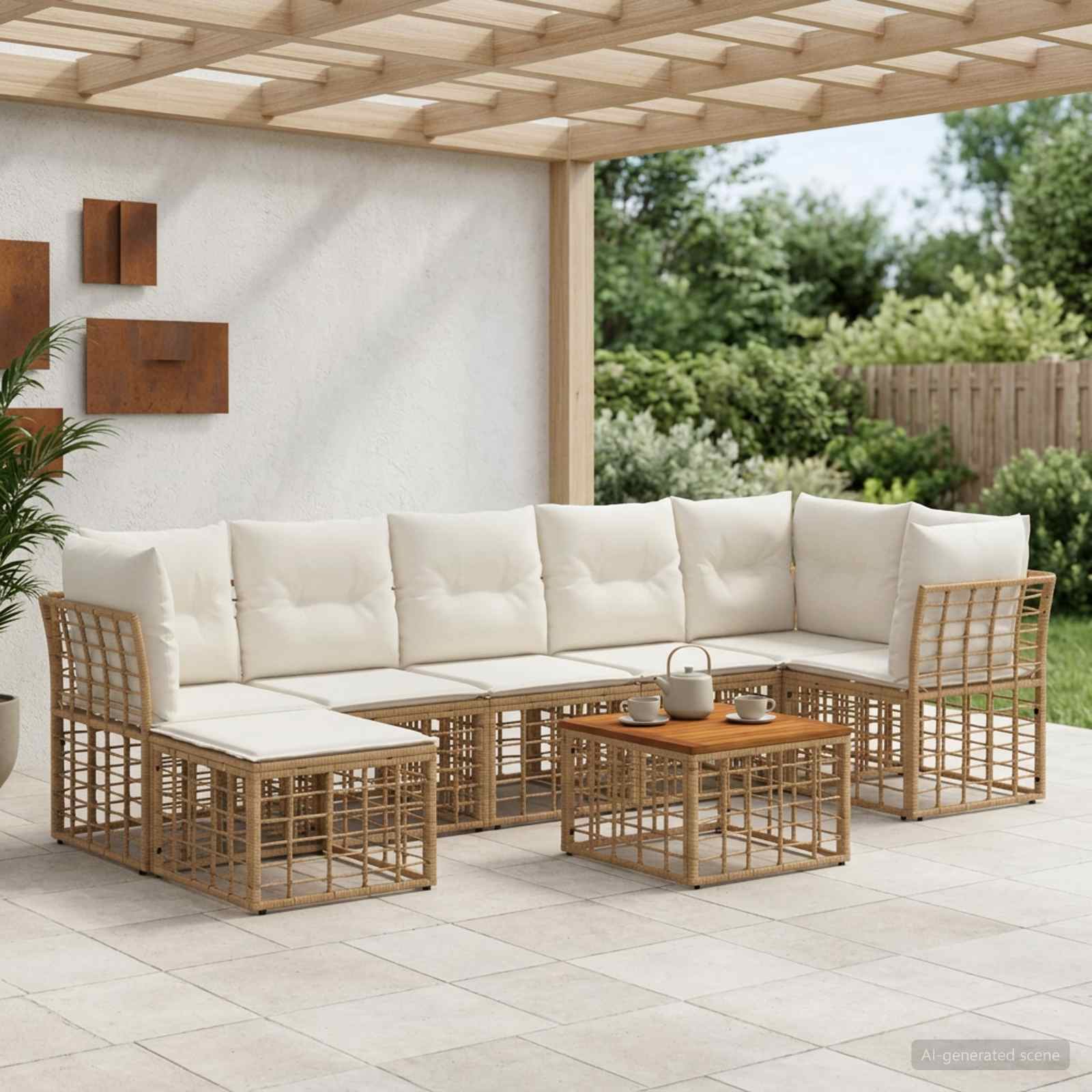 Buiten bankenset 8 pcs Natuurlijk en Crème Wit Polyester – afbeelding 1