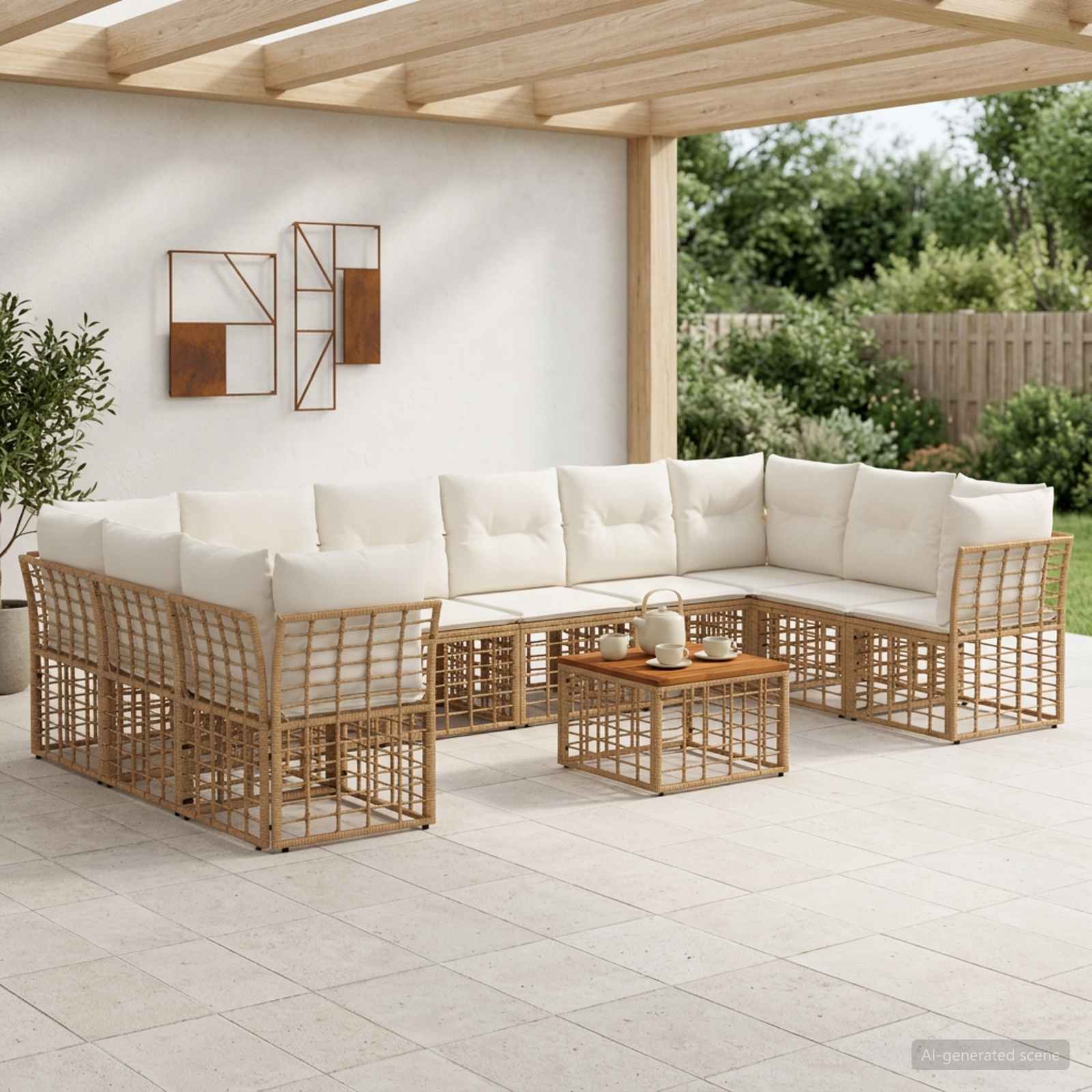 Buiten bankenset 11 pcs Natuurlijk en Crème Wit Polyester – afbeelding 1