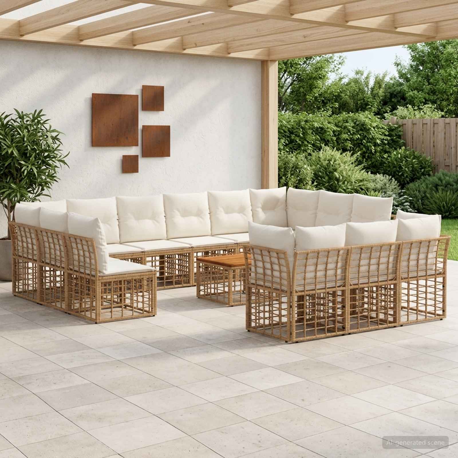 Buiten bankenset 14 pcs Natuurlijk en Crème Wit Polyester – afbeelding 1