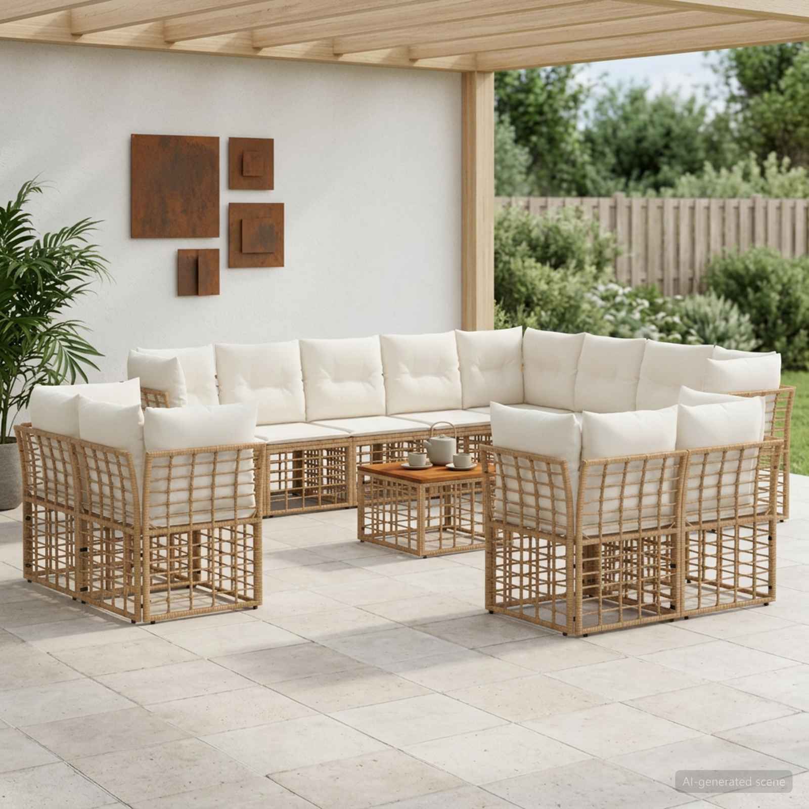 Buiten bankenset 13 pcs Natuurlijk en Crème Wit Polyester – afbeelding 1