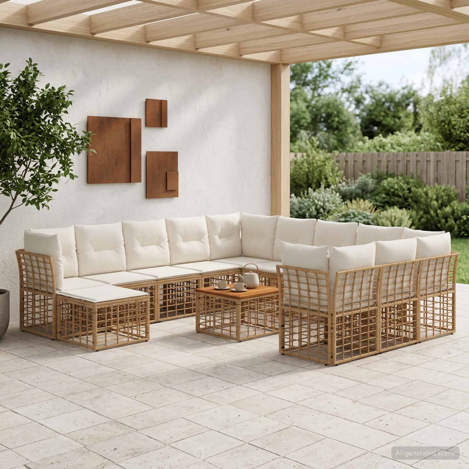 Buiten bankenset 13 pcs Natuurlijk en Crème Wit Polyester – afbeelding 1