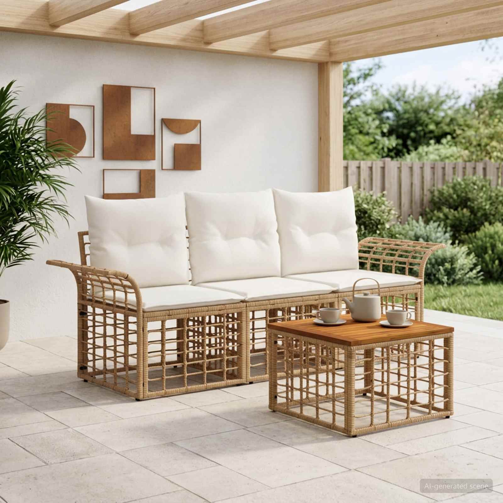 Buiten bankenset 4 pcs Natuurlijk en Crème Wit Polyester – afbeelding 1