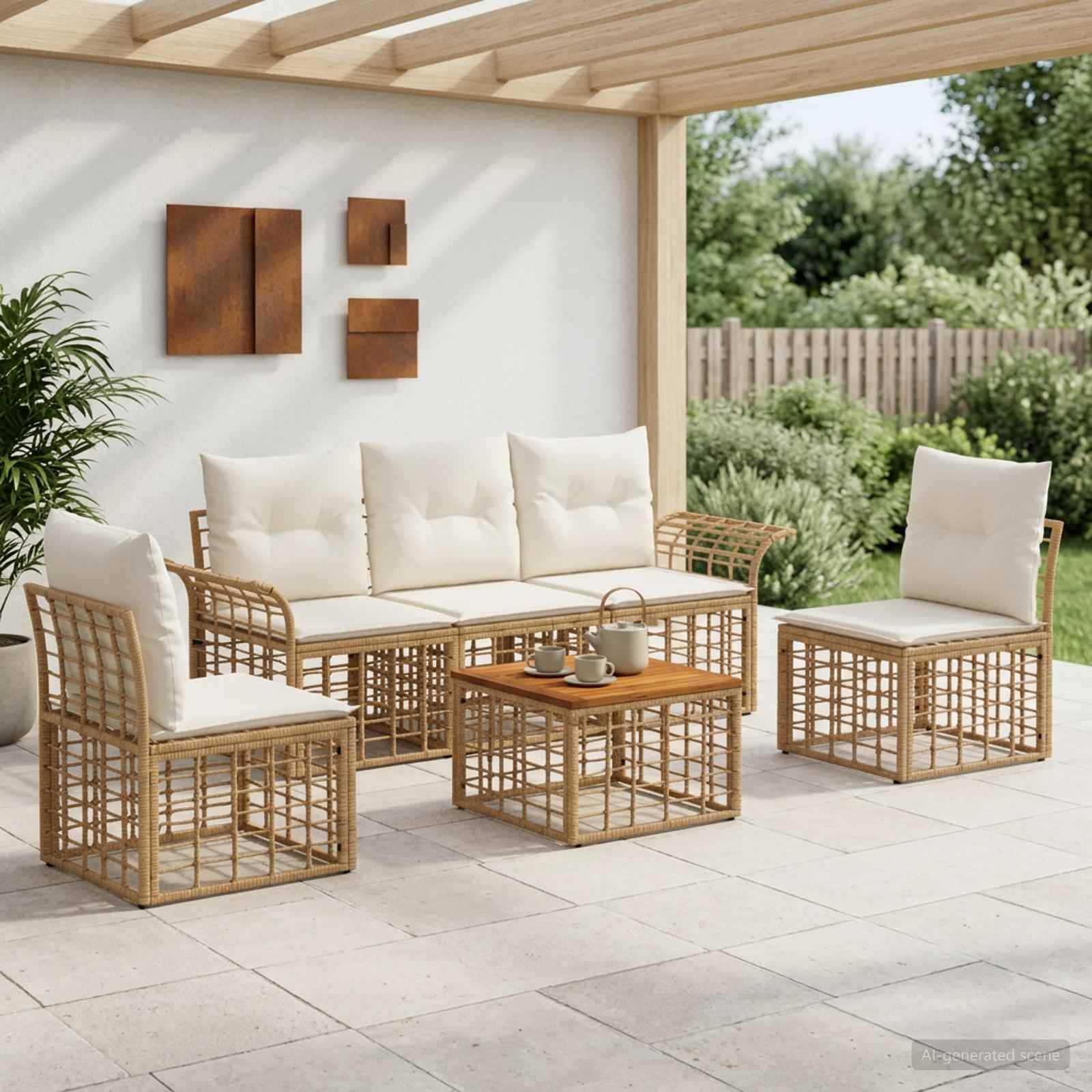Buiten bankenset 6 pcs Natuurlijk en Crème Wit Polyester – afbeelding 1