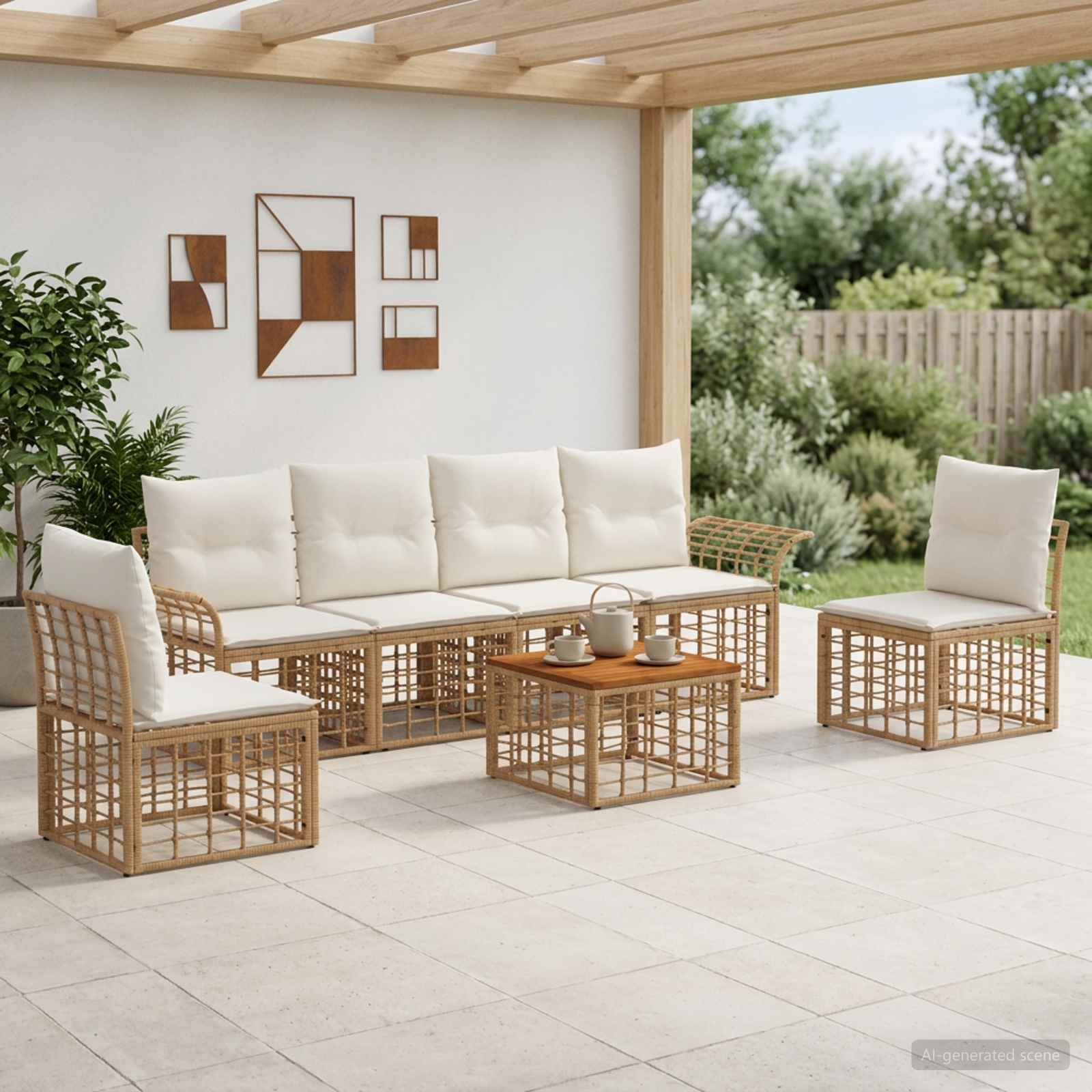 Buiten bankenset 7 pcs Natuurlijk en Crème Wit Polyester – afbeelding 1