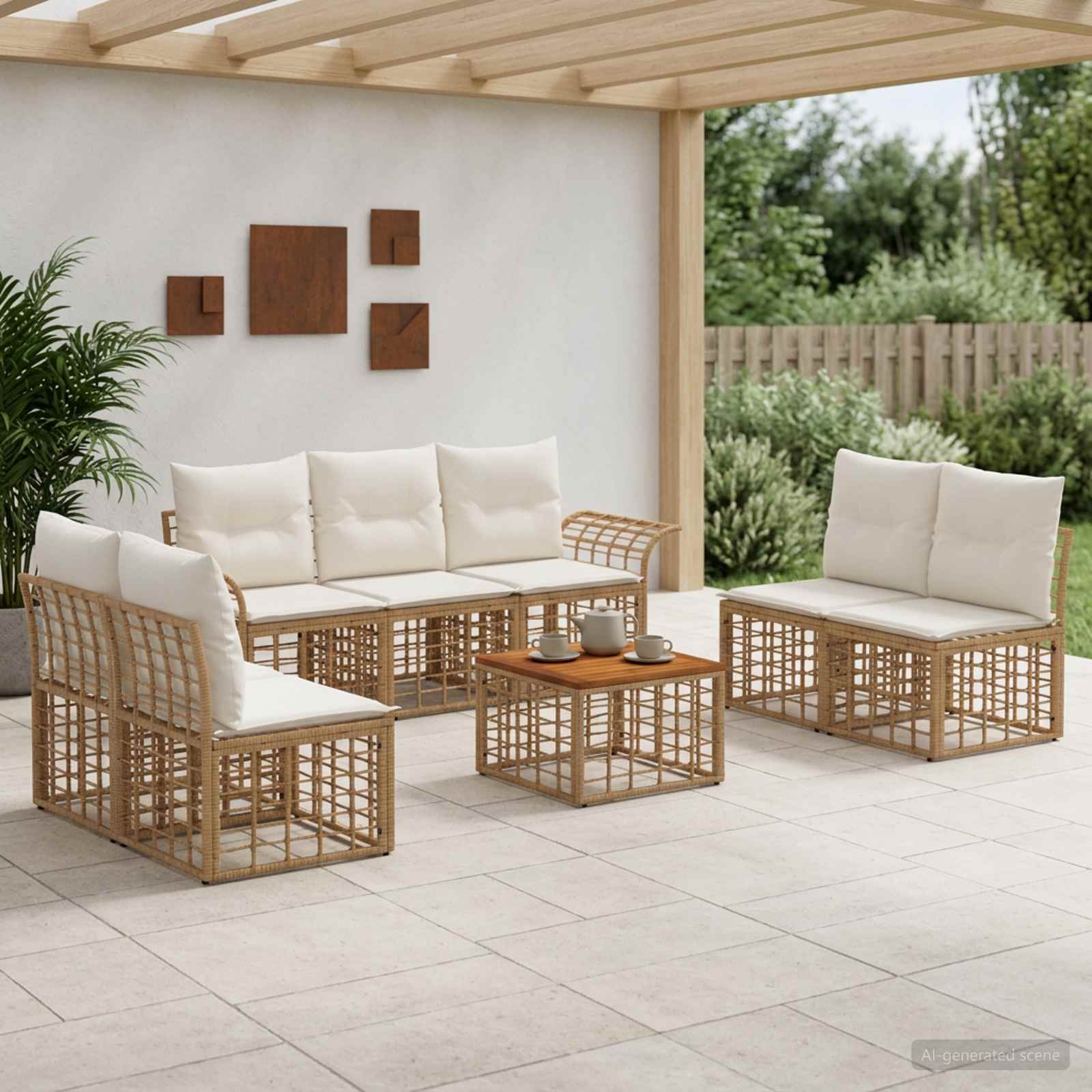 Buiten bankenset 8 pcs Natuurlijk en Crème Wit Polyester – afbeelding 1