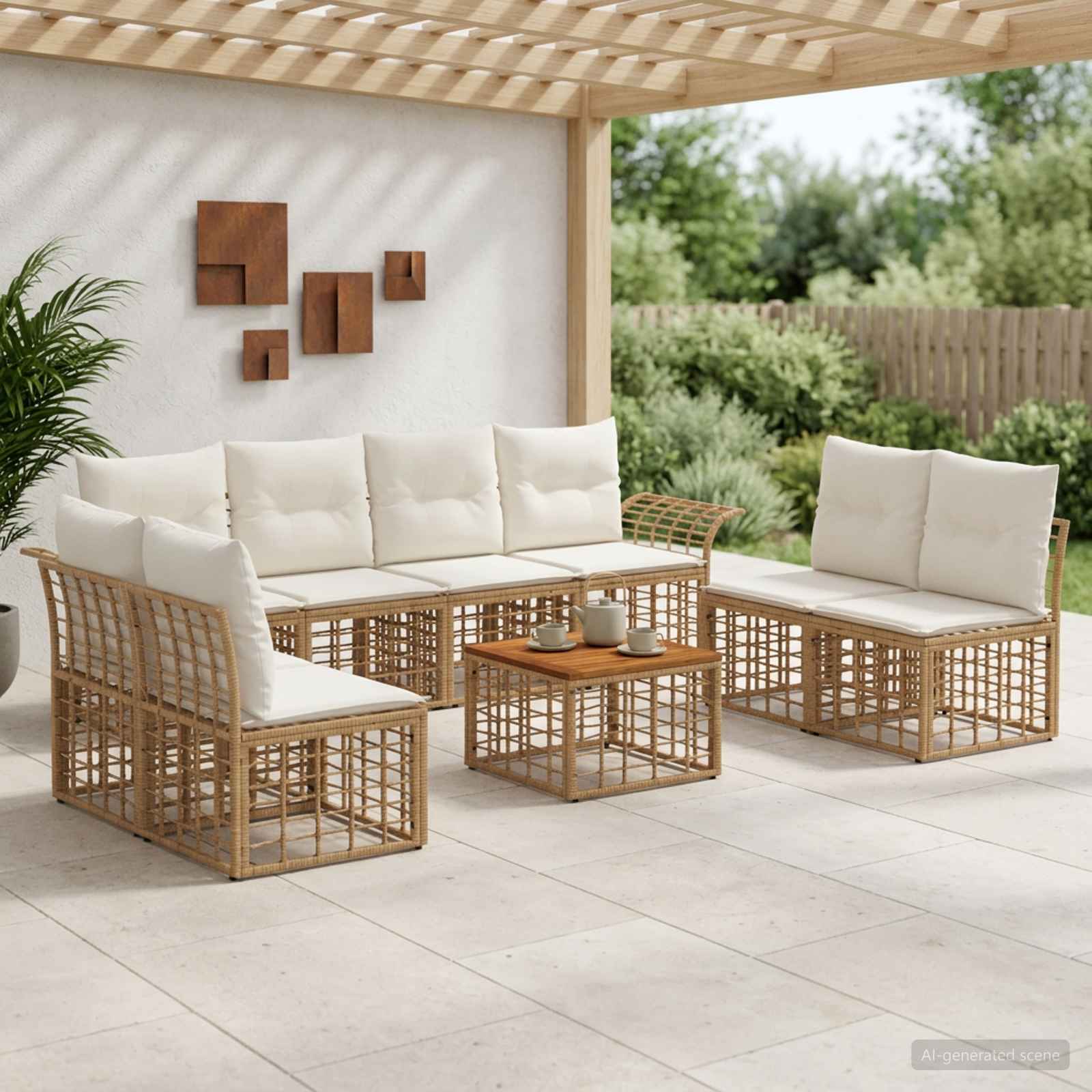 Buiten bankenset 9 pcs Natuurlijk en Crème Wit Polyester – afbeelding 1
