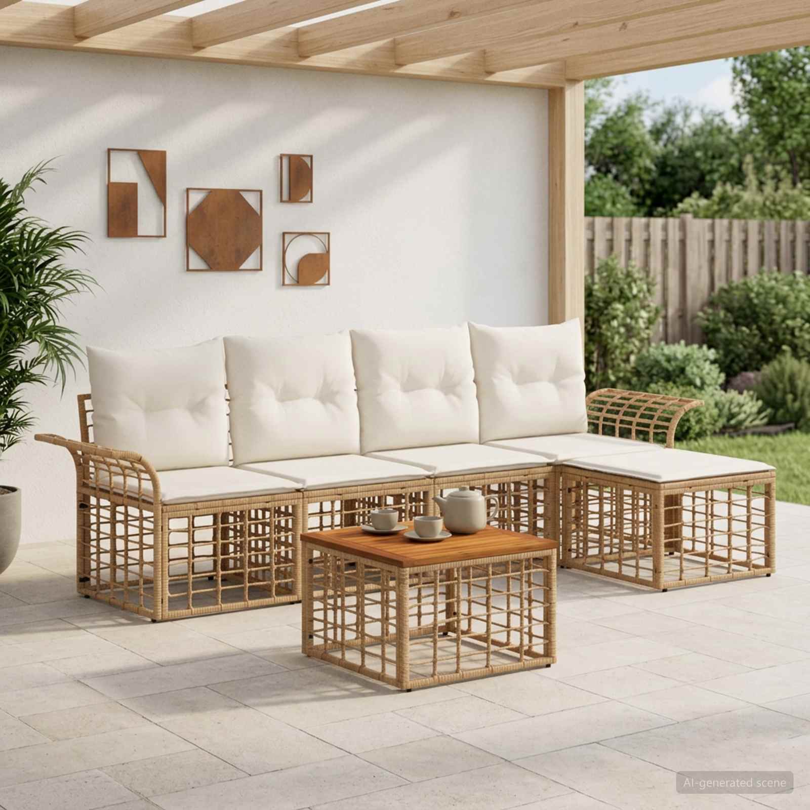 Buiten bankenset 6 pcs Natuurlijk en Crème Wit Polyester – afbeelding 1