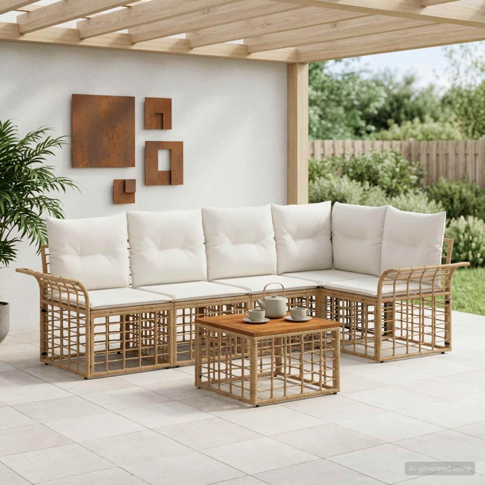 Buiten bankenset 6 pcs Natuurlijk en Crème Wit Polyester – afbeelding 1
