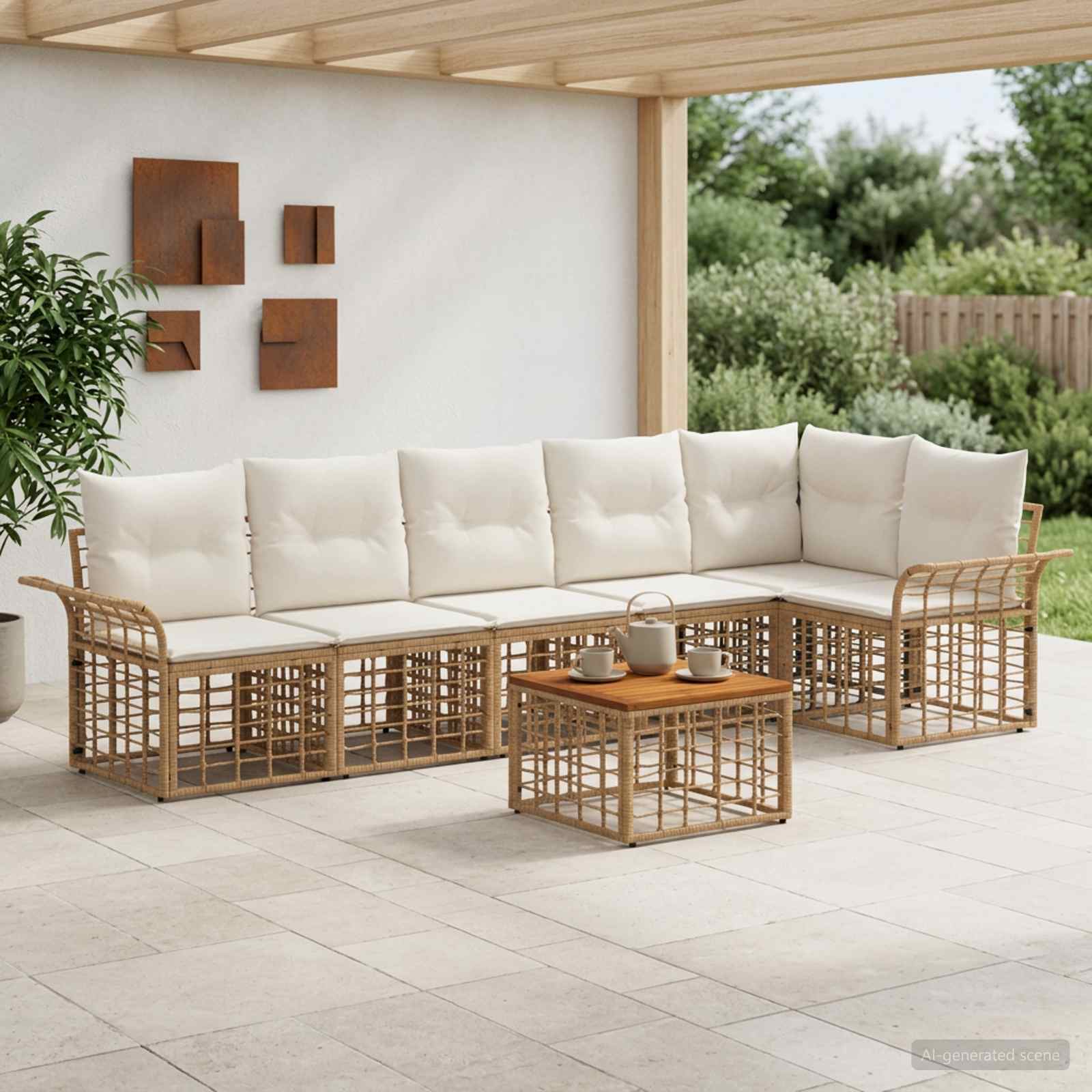 Buiten bankenset 7 pcs Natuurlijk en Crème Wit Polyester – afbeelding 1