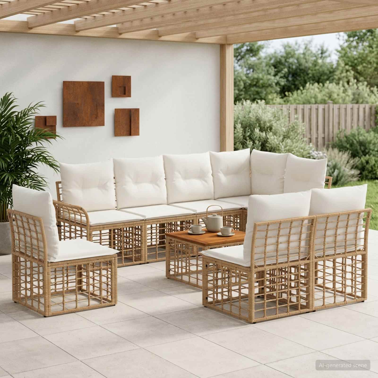 Buiten bankenset 9 pcs Natuurlijk en Crème Wit Polyester – afbeelding 1