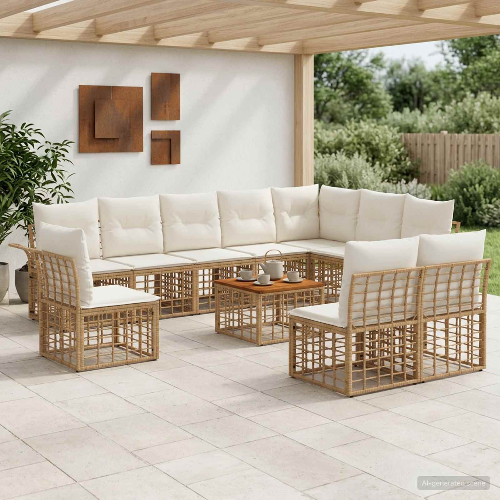 Buiten bankenset 11 pcs Natuurlijk en Crème Wit Polyester – afbeelding 1