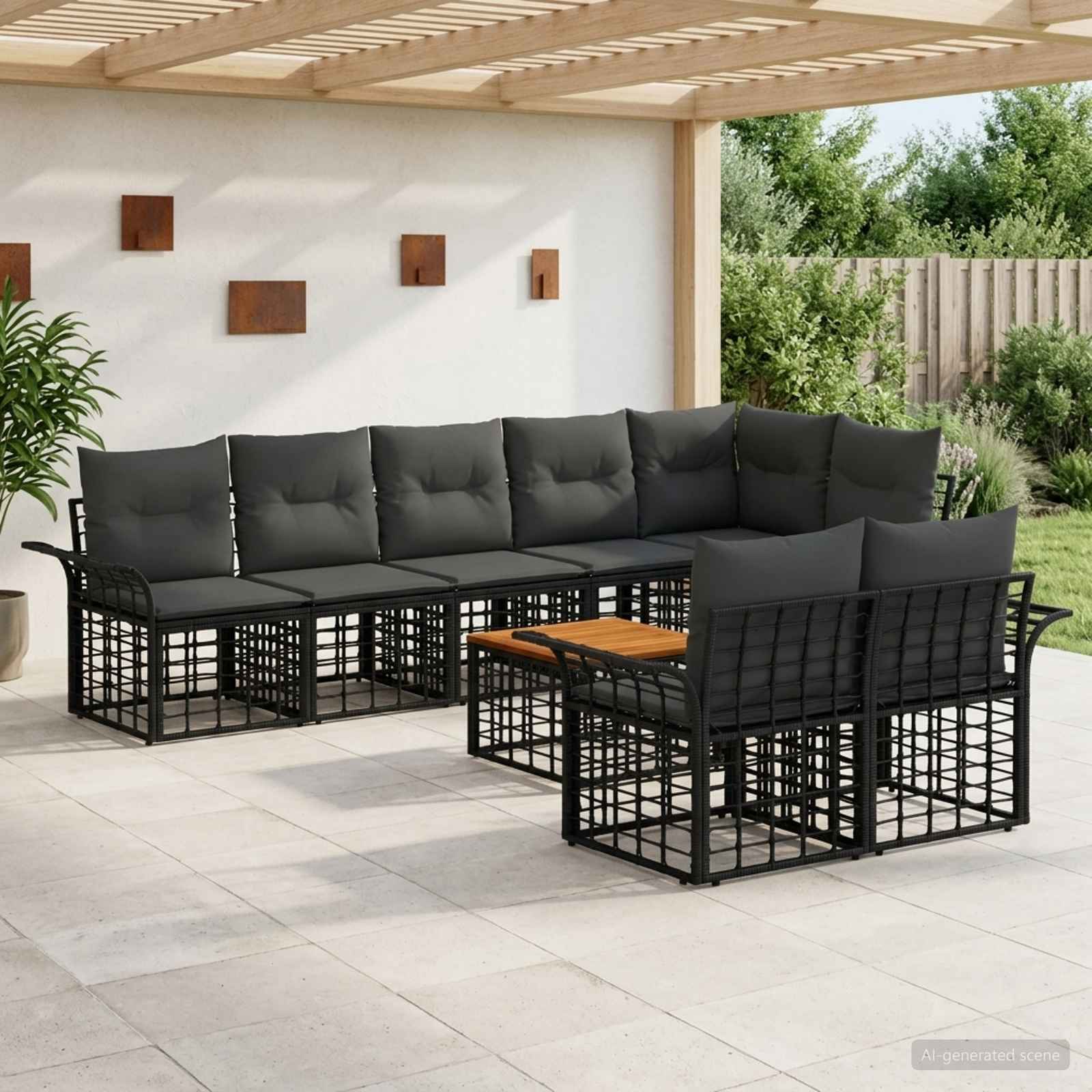Buiten bankenset 9 pcs Zwart en Donkergrijs poly rattan – afbeelding 1