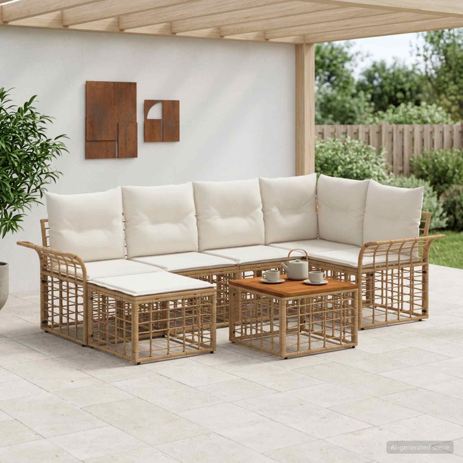 Buiten bankenset 7 pcs Natuurlijk en Crème Wit Polyester – afbeelding 1