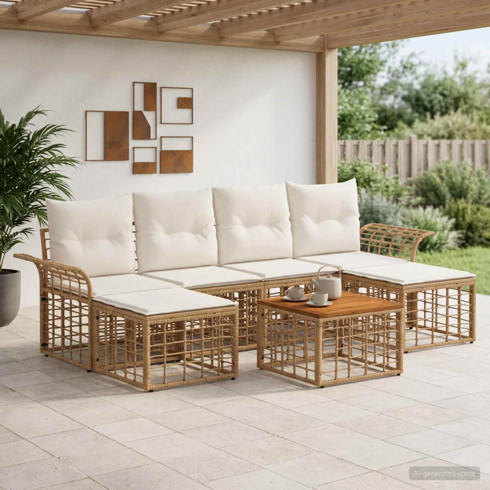 Buiten bankenset 7 pcs Natuurlijk en Crème Wit Polyester – afbeelding 1