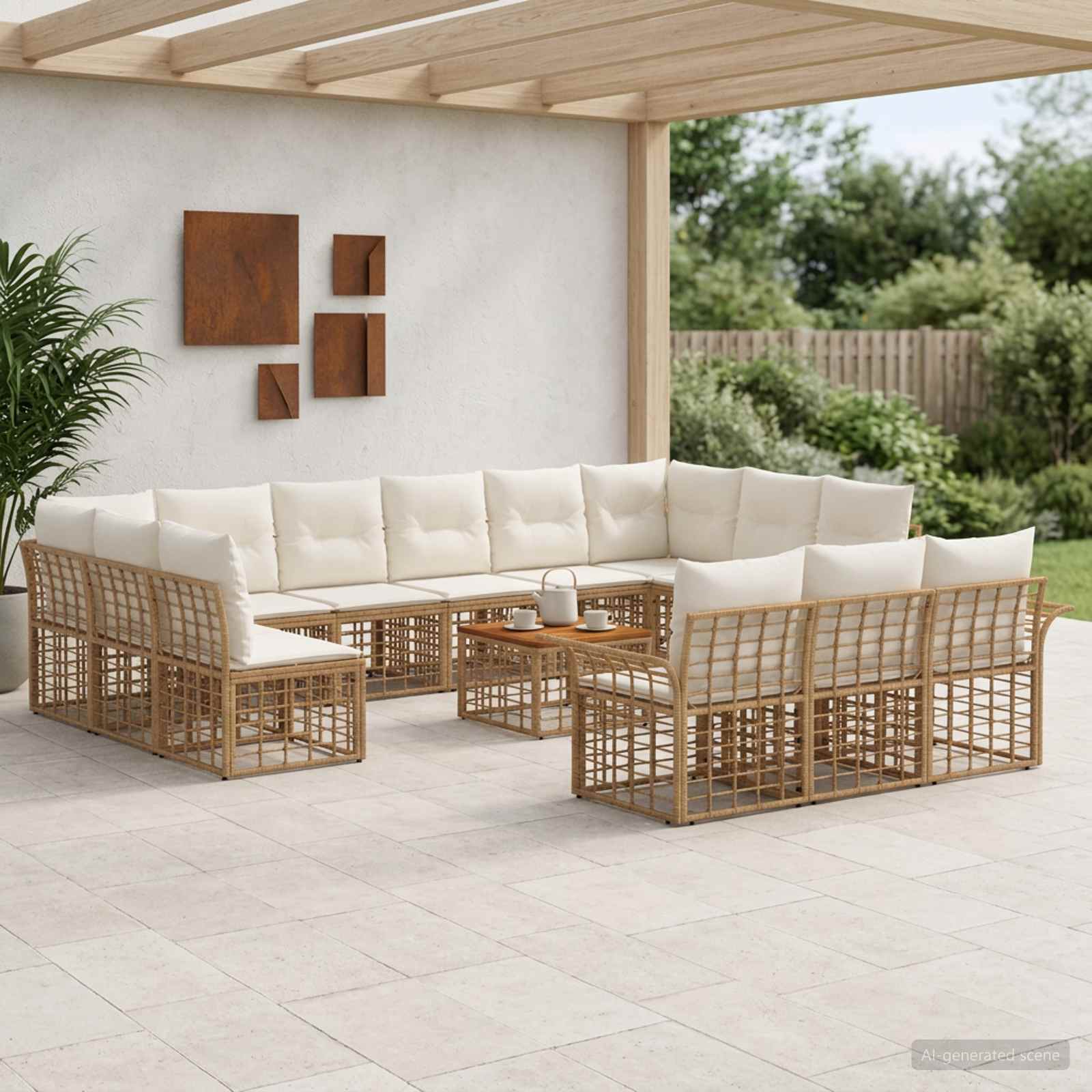 Buiten bankenset 14 pcs Natuurlijk en Crème Wit Polyester – afbeelding 1