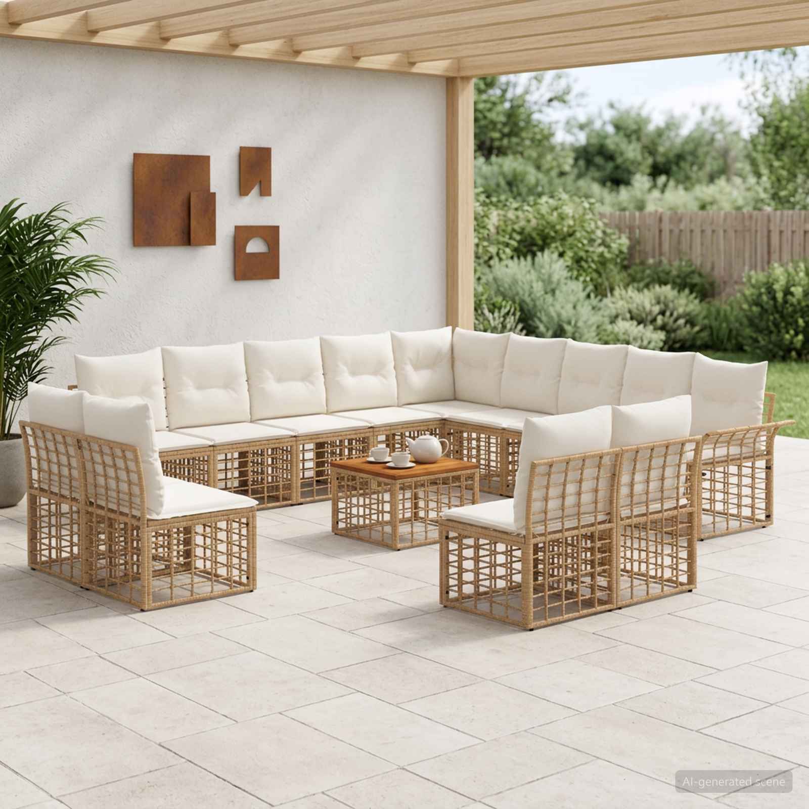 Buiten bankenset 14 pcs Natuurlijk en Crème Wit Polyester – afbeelding 1