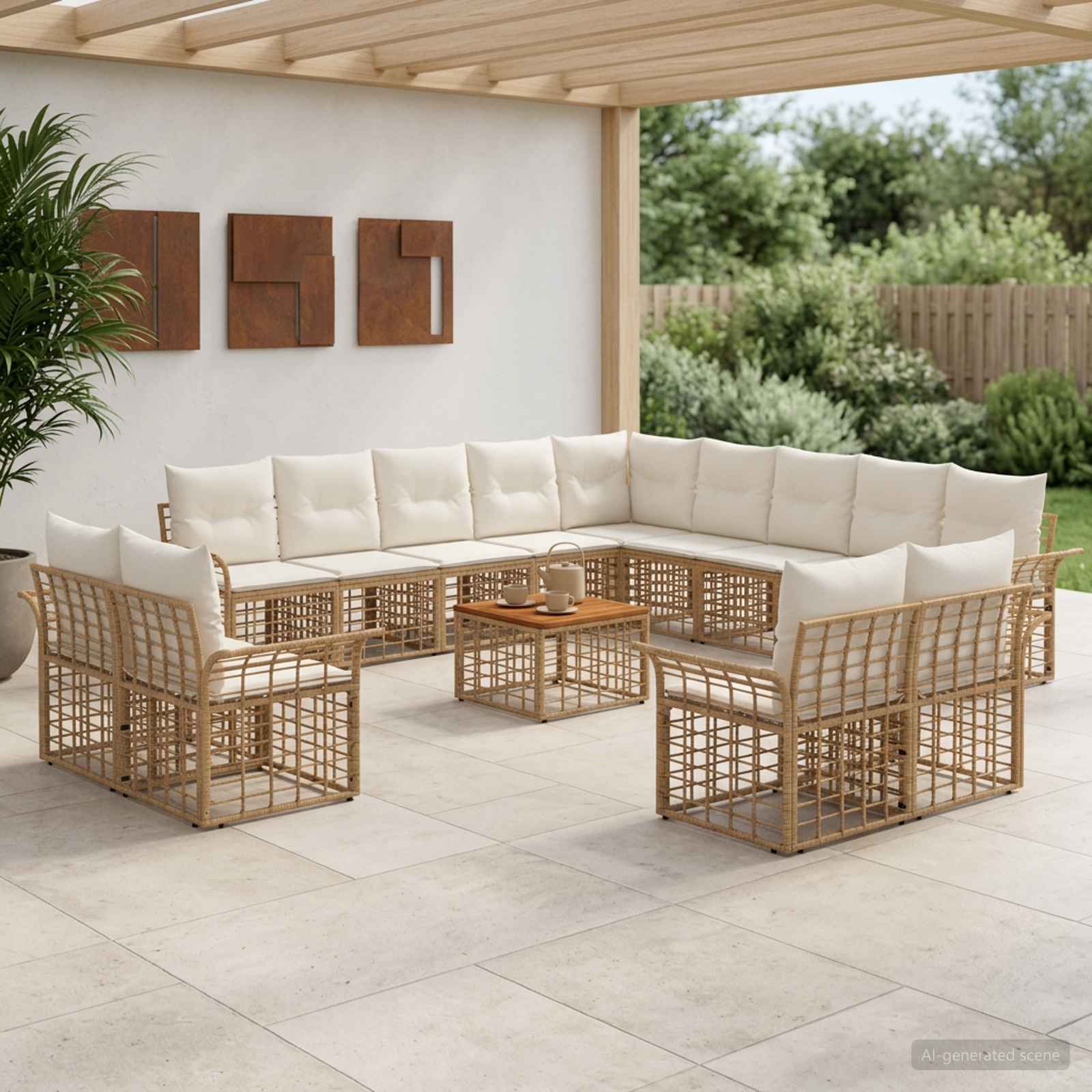 Buiten bankenset 14 pcs Natuurlijk en Crème Wit Polyester – afbeelding 1