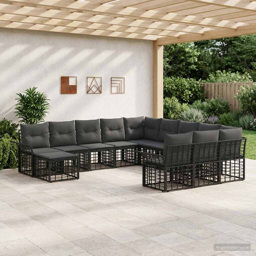 Tuinbankenset 12 pcs Zwart en Donkergrijs poly rattan – afbeelding 1