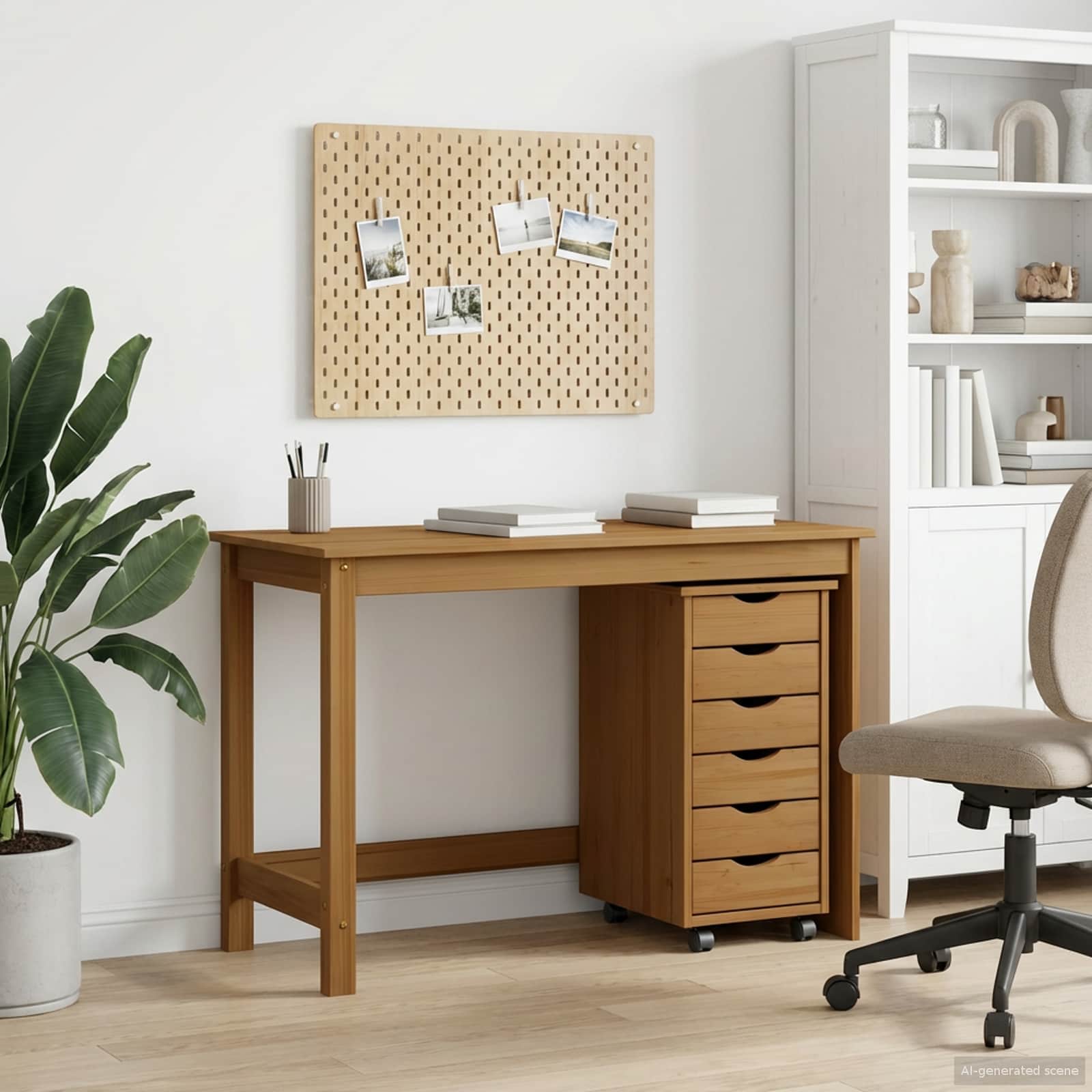Bureau met ladeblok op wieltjes MOSS 2-delig Honingbruin